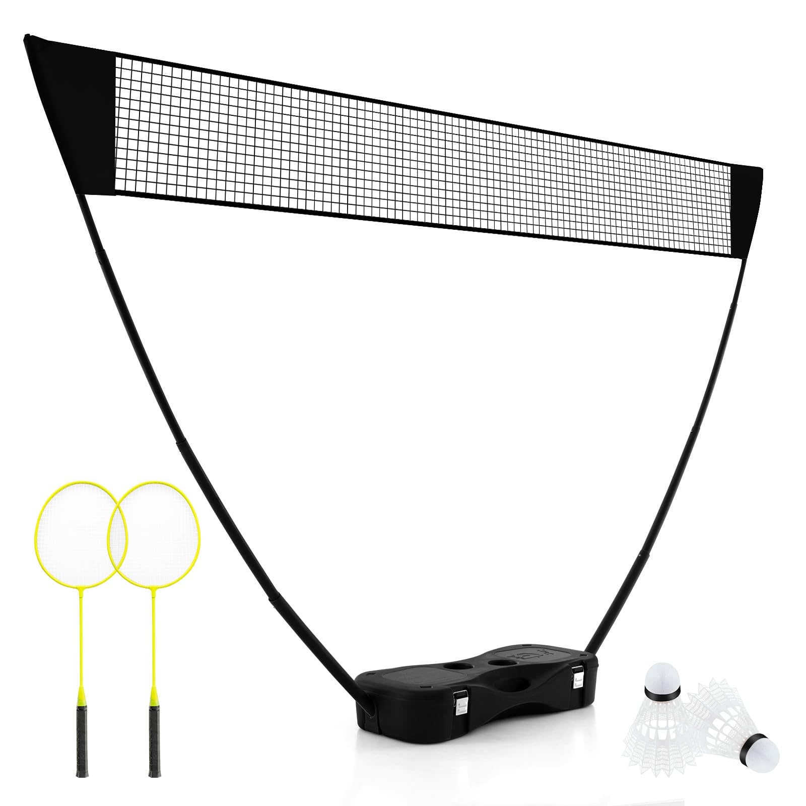COSTWAY Portable Badminton Net Set, All-In-One Volleyball Badminton Set with Storage Base, 2 Rackets and 2 Shuttlecocks, for Backyard, Beach, Ball Games, Outdoor Team Sports (Black)