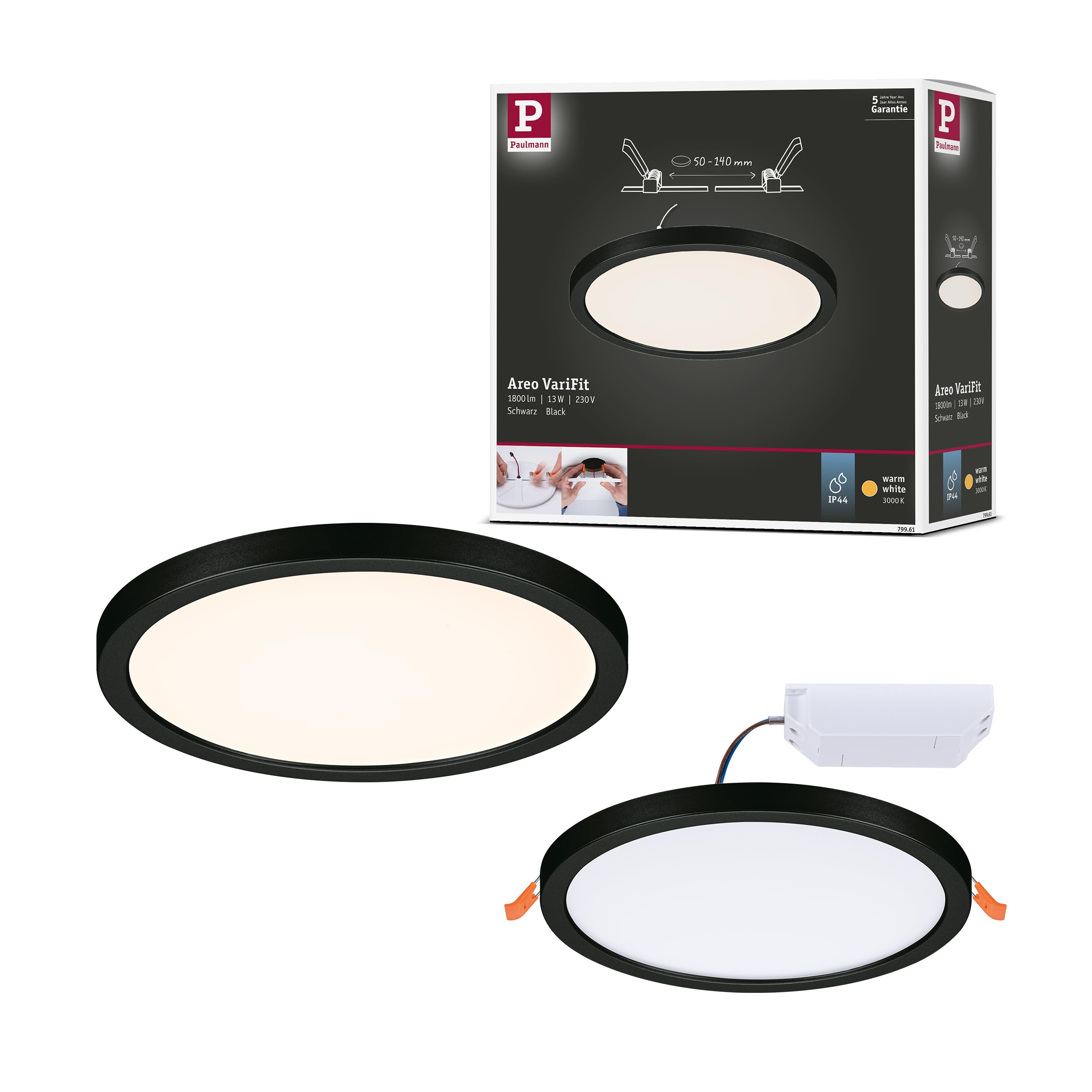 Paulmann 79961 recessed LED panel Areo IP44 175mm round incl. 1x13W Warm white Black Plastic Lighting system 3000K