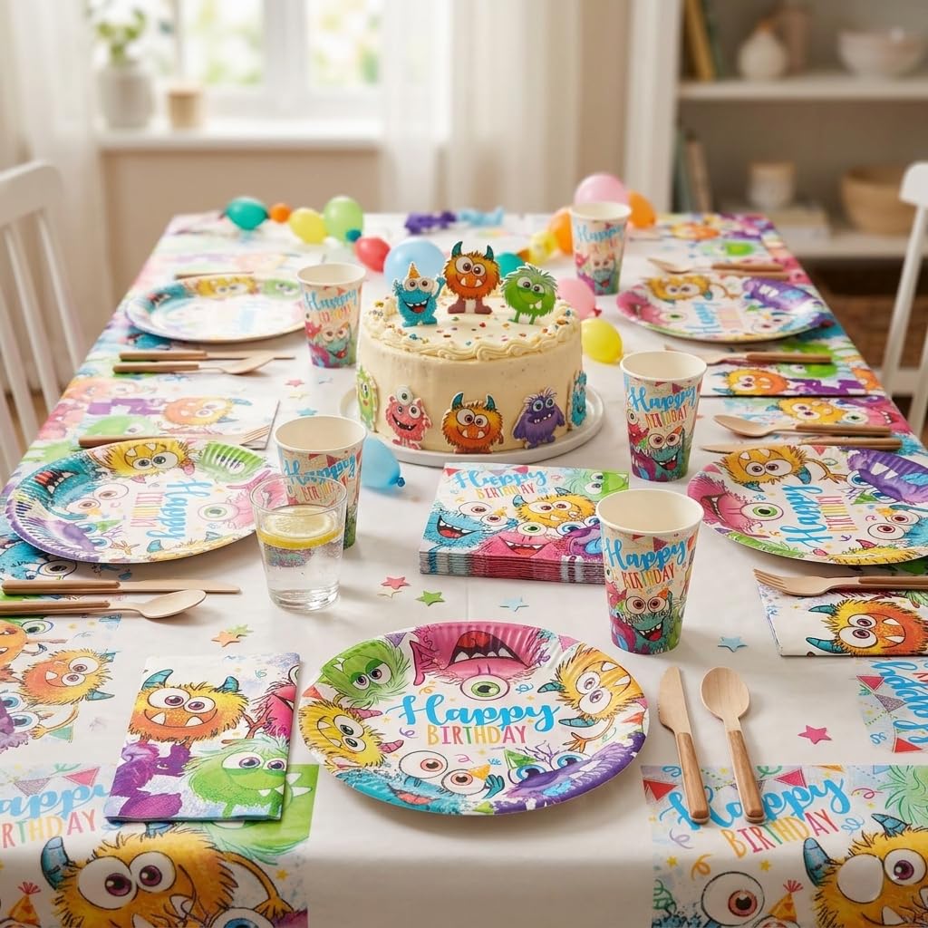 Monster Party Deko Set Kindergeburtstag 10 Personen – Teller Becher Servietten Tischdecke – Geburtstag Jungen Mädchen – Funny Monsters Partygeschirr