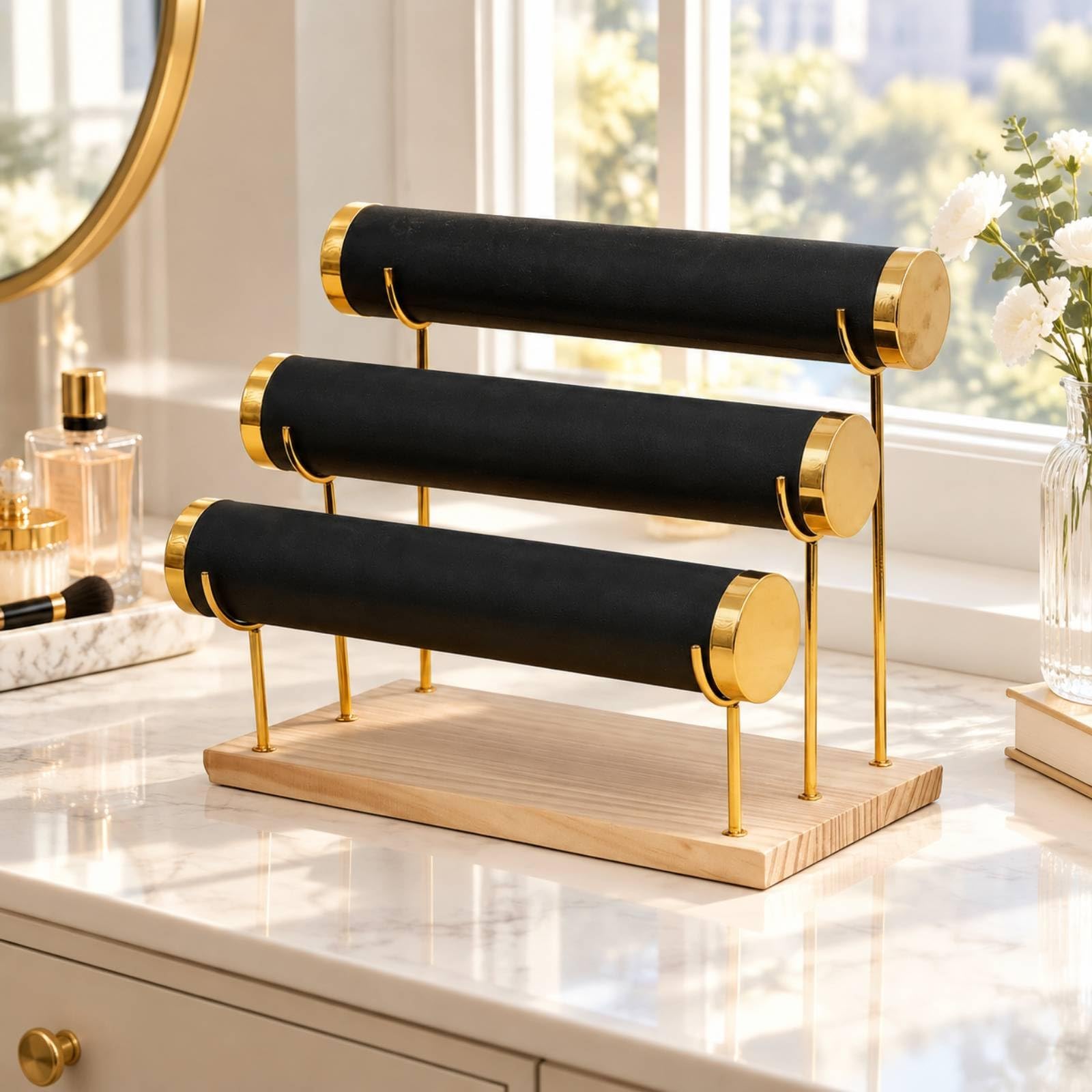Expositor Triple Niveles para Pulseras sin Nudos Rack Pulseras con Base Compacto Joyero para Tocador, PU