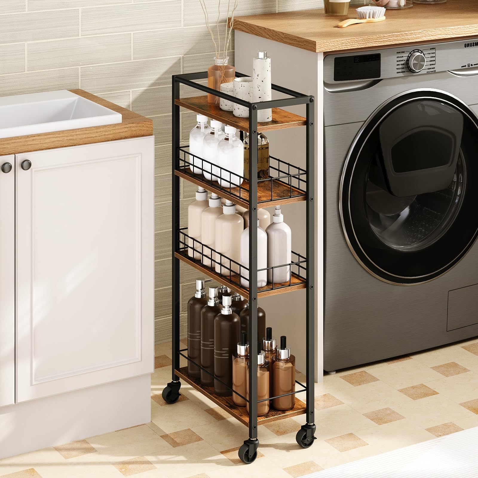 HOOBRO Carrello da Cucina a 4 Ripiani, Carrello di Servizio Stretto e Multifunzione, con Ruote e Cestelli in Rete, per Cucina, Bagno, Sala da Pranzo, Lavanderia, Marrone Vintage e Nero EBF17TC01