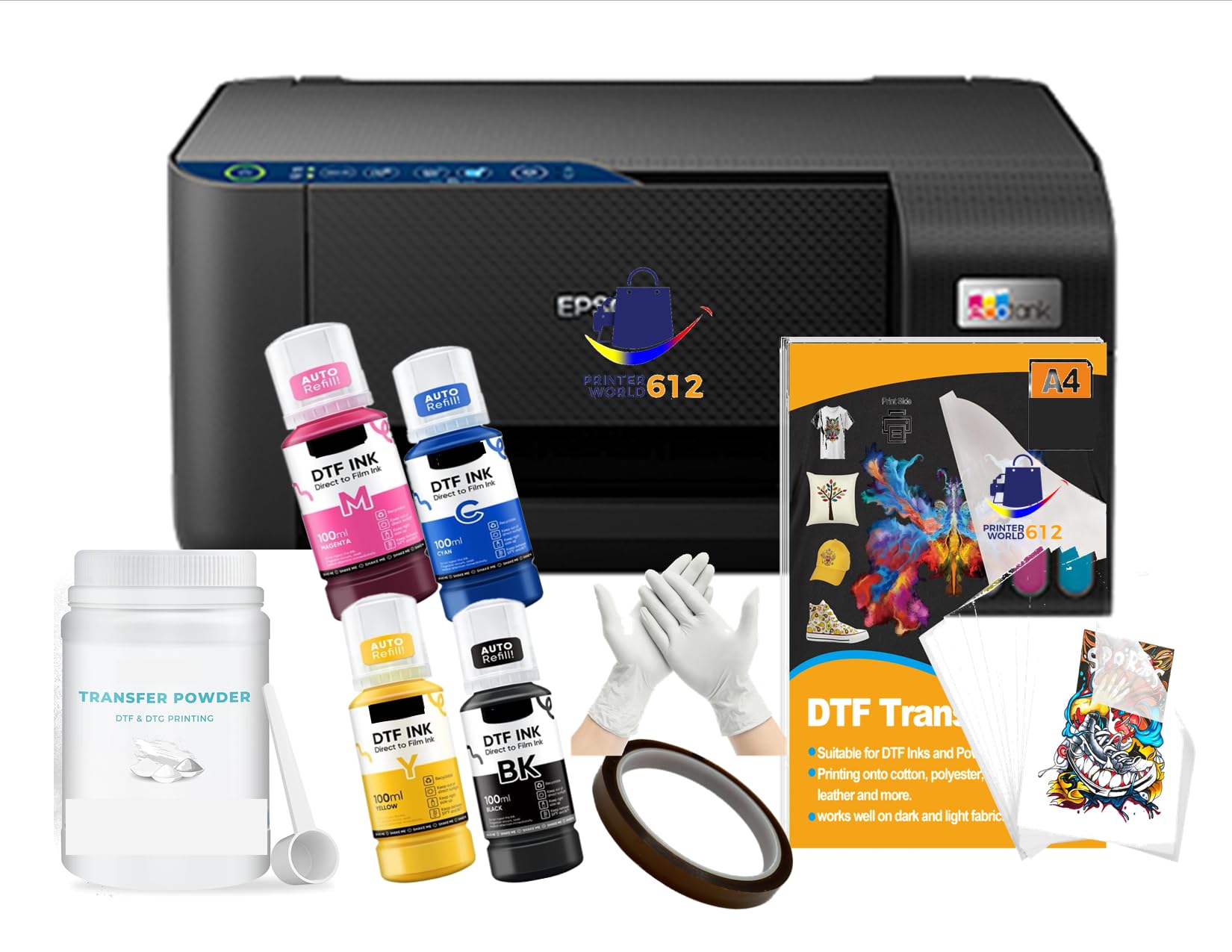 DTF Printer Kit – Complete CMYK DTF Ink Set (4 Colors), DTF Film & Powder, Heat Transfer Printing Bundle,Printer Conversion DTF New