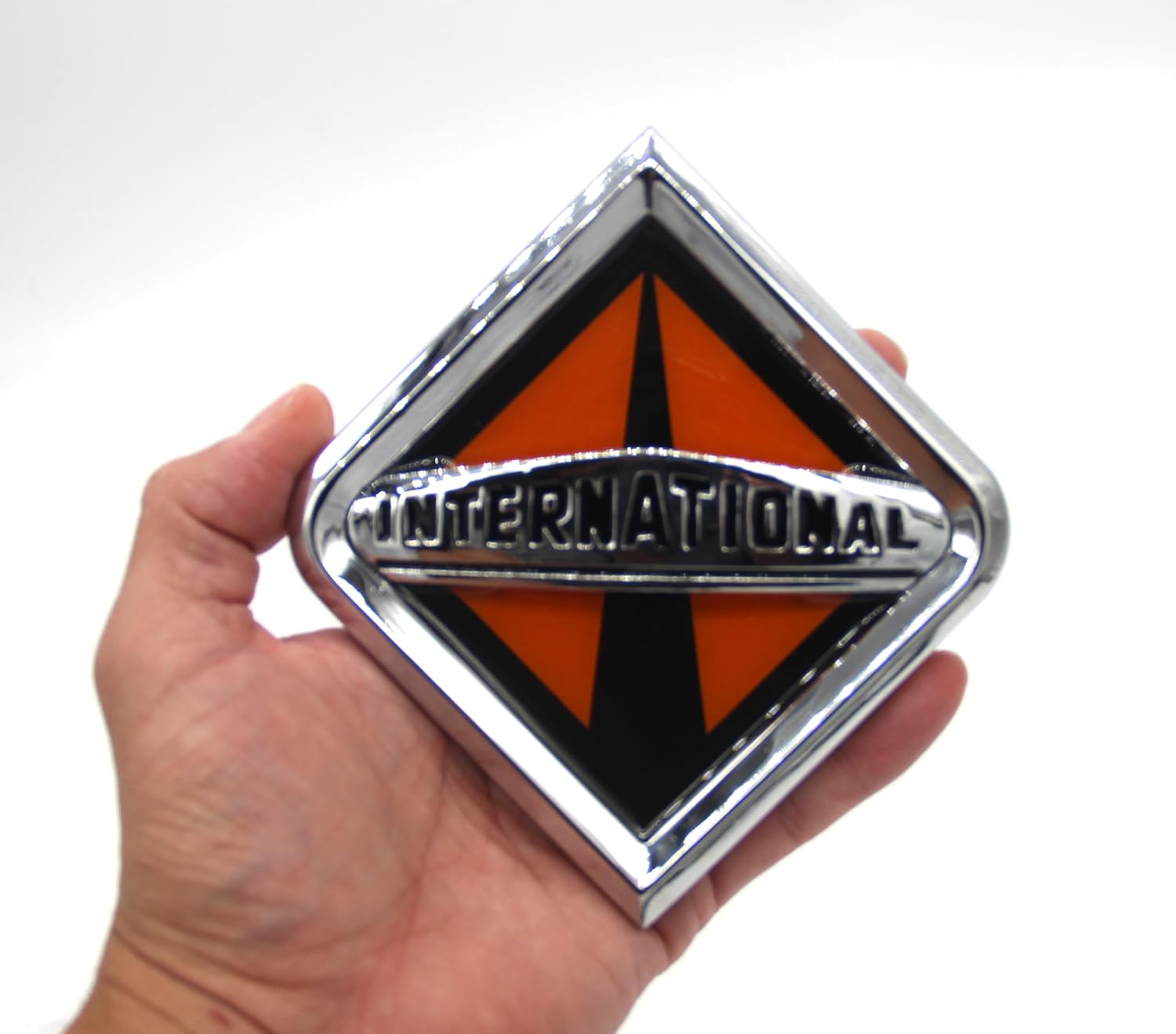 Generic Compatible with International Truck Front Hood Grille Emblem - Chrome/Orange 3550901C2 5"" W X 5.5"" H Adhesive Resin, DLF5852FGHT