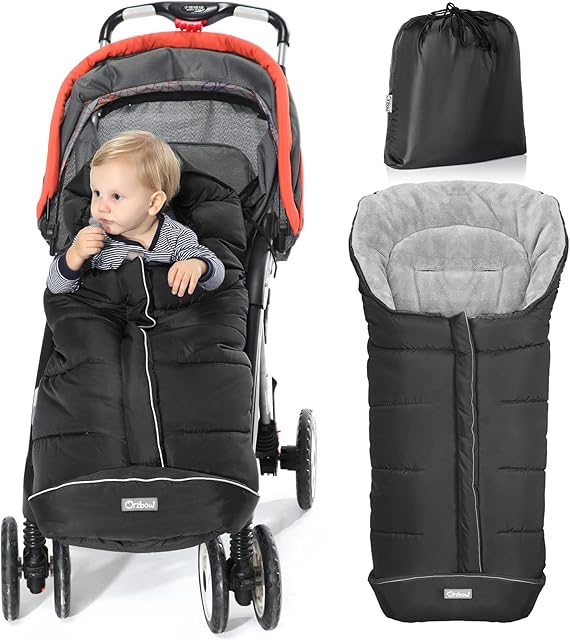 Orzbow Universal Footmuff for Pushchair, Cosy Toes for Baby Buggy Pram Stroller - Waterproof and Windproof Thick Thermo Fleece Pushchair Footmuff with Drawstring Hood (Large,Black)