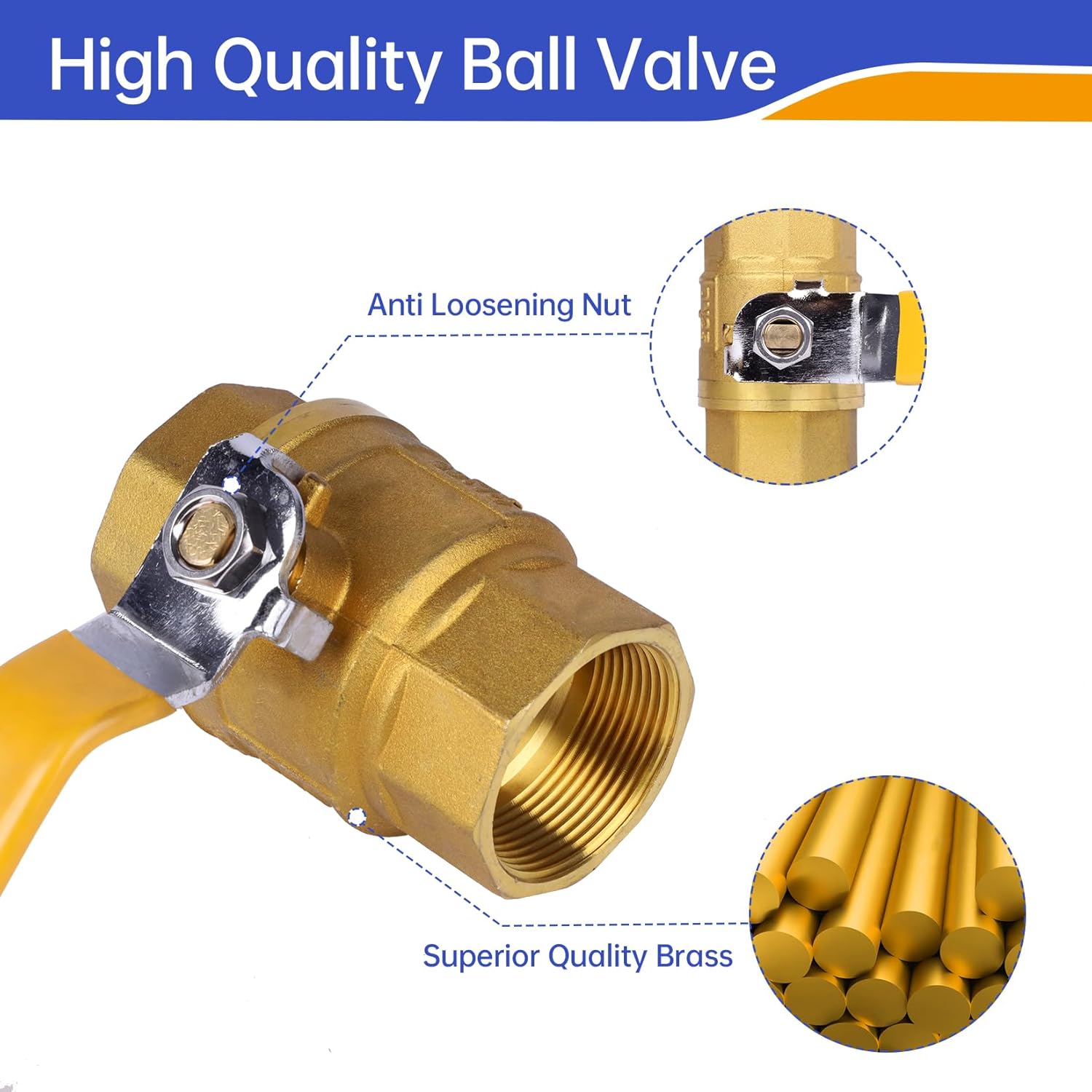 YADIAN 1-1/2" Full Port Brass Ball Valve with Heavy Duty Yellow Vinyl Insulation Handle, Water Shut Off Ball Valve 1-1/2inch, NPT Female x Female Thread, 600 WOG (1-1/2'' NPT, Pack of 1）