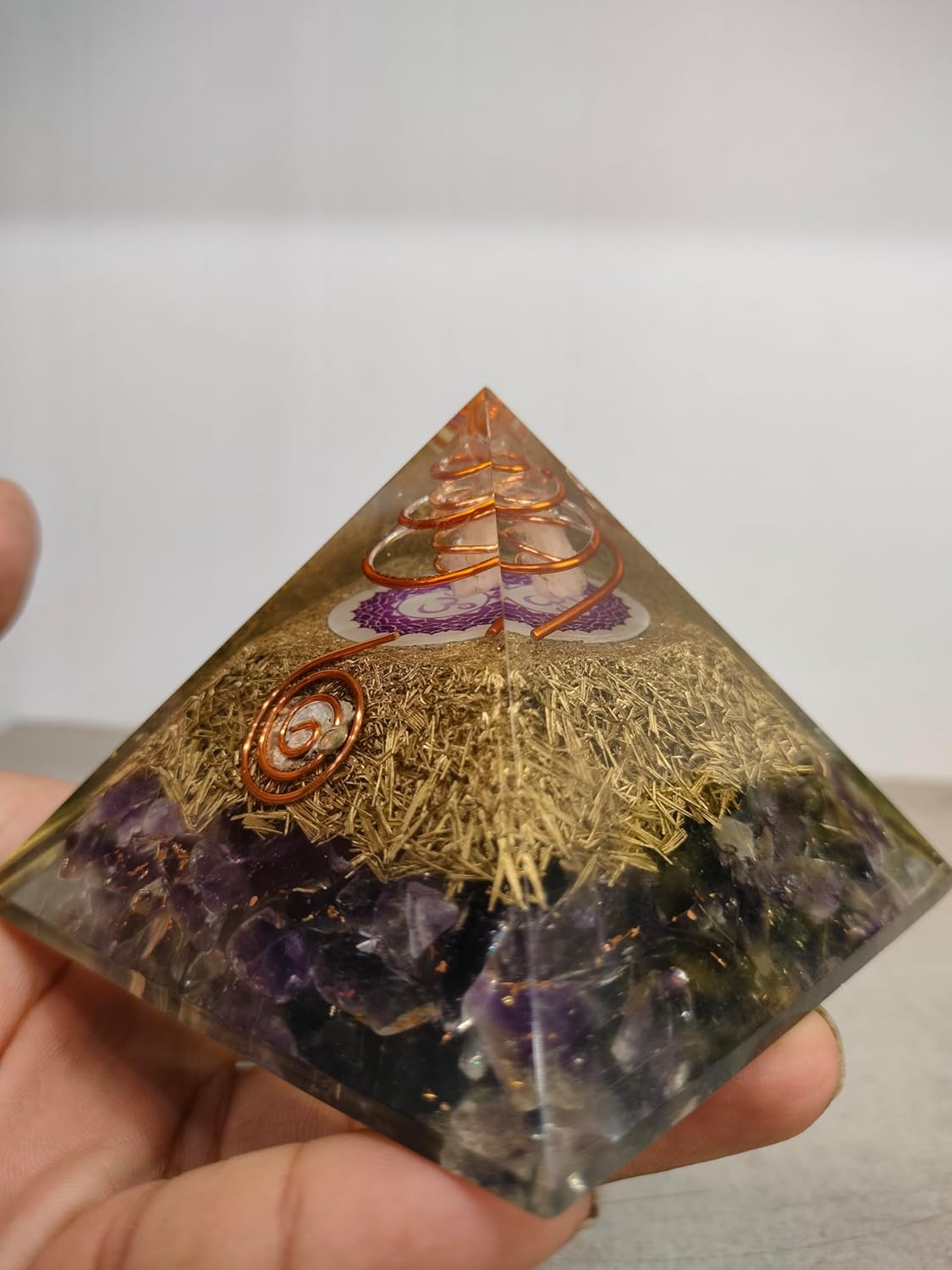 New Orgone Pyramid Energy Generator – Amethyst Orgonite Pyramid with Crown Chakra Symbol & Brass for EMF Protection, Healing & Meditation and Home Decor