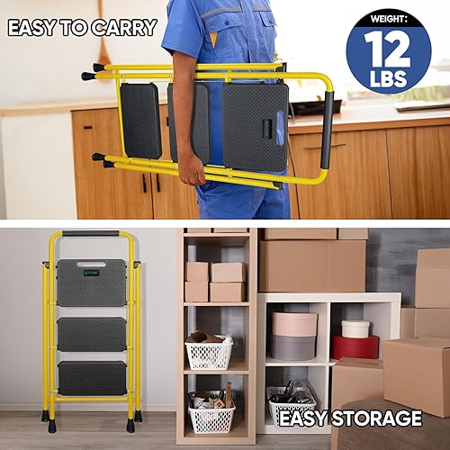 Miniatura 6 de TICONN Escalera de 3 escalones, taburete plegable resistente, taburete plegable de acero portátil para almacenamiento de garaje doméstico (amarillo)