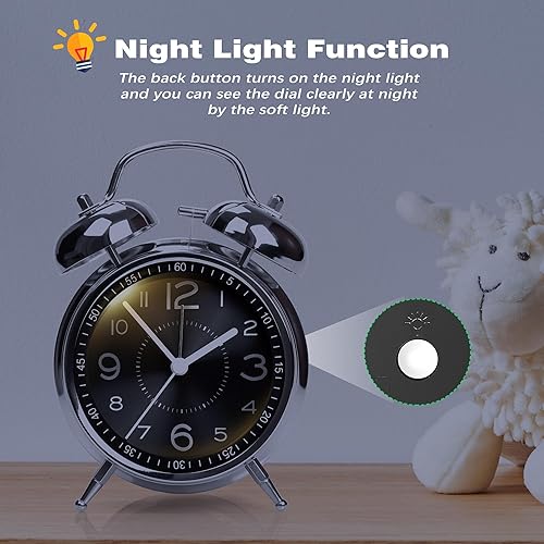 Miniatura 5 de Reloj despertador súper ruidoso para adultos que duermen pesadamente, doble campana, retro, de 4 pulgadas, silencioso, sin tictac, de cuarzo con luz