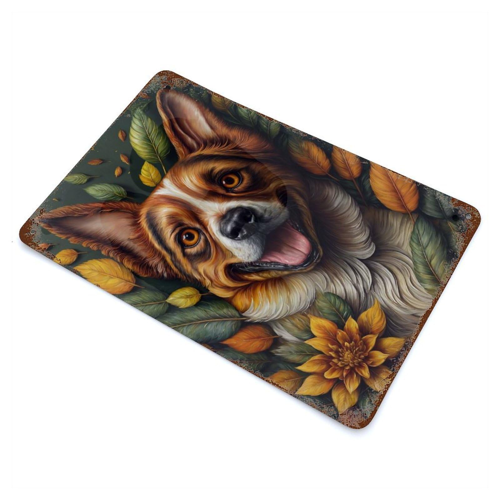 Decorative Tin Sign Floral Dog 11.8"x7.9", Vintage Wall Decor for Pub, Kitchen And Man Cave Decor