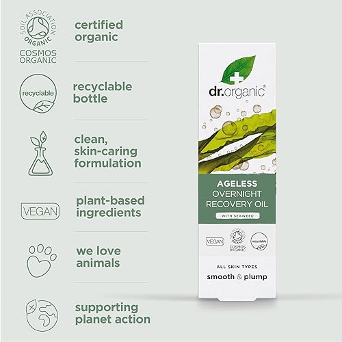 Miniatura 4 de Dr. Organic Ageless - Aceite de recuperación durante la noche con algas marinas, suavizante y relleno, máxima hidratación para todo tipo de piel,