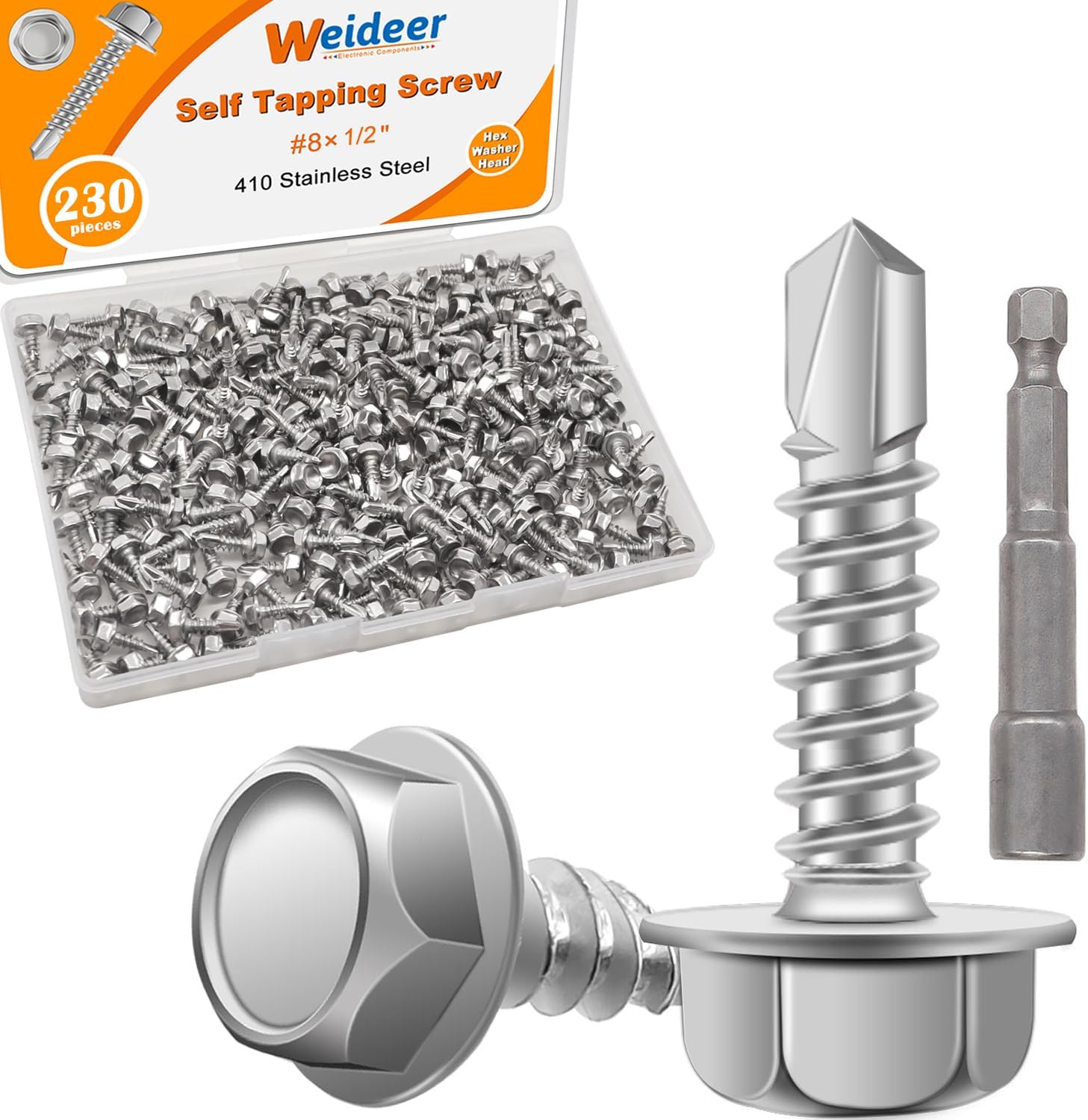 - weideer 230pcs #8×1/2" Self Tapping Screws for Metal, 410 Stainless Steel Hex Washer Head Sheet Metal Screws,Quick Tapping Screw with Screwdriver Bit K-132-13-230P-W