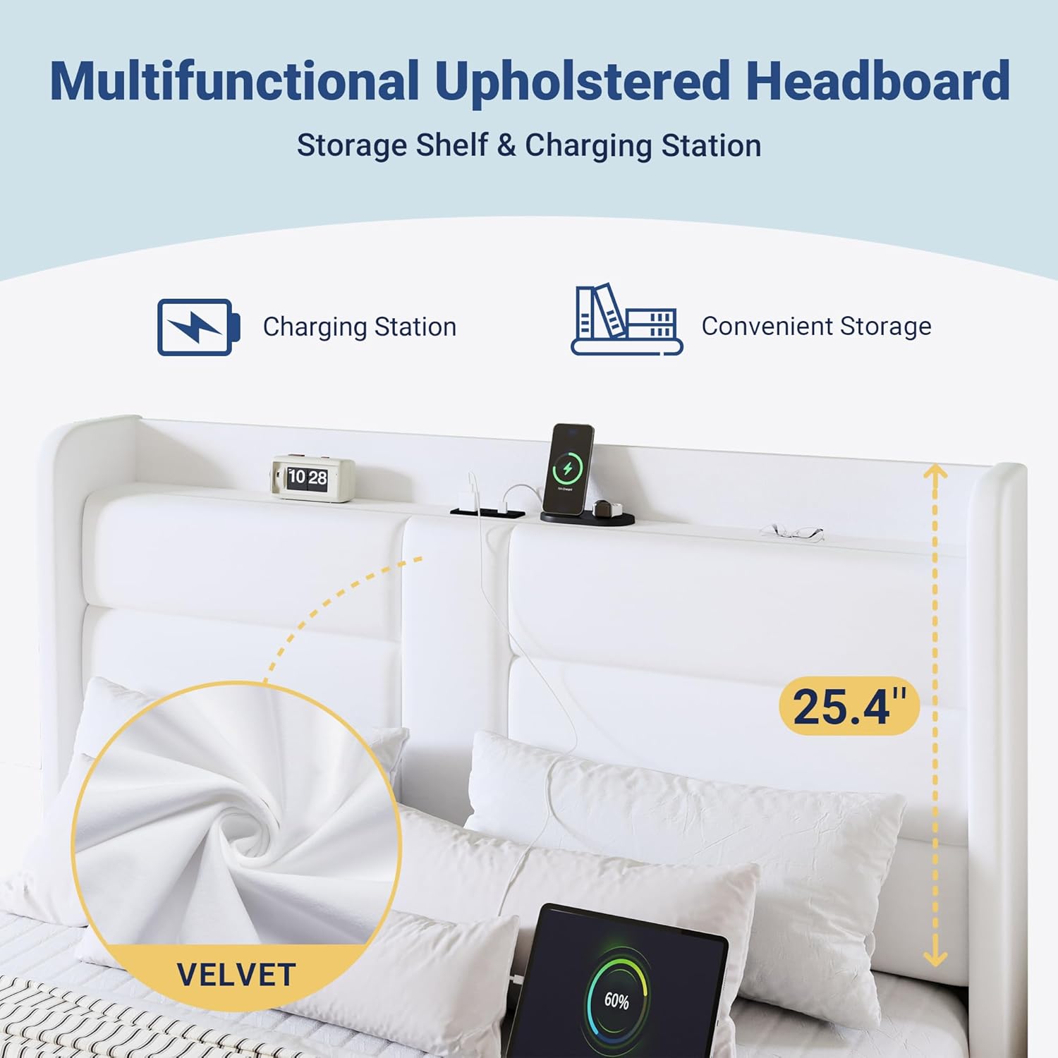 Allewie Queen Size Platform Bed Frame with Charging Station & Storage Headboard, Upholstered Velvet Wingback Design & USB Port, Strong Wooden Slats Support, No Box Spring Needed, Easy Assembly, White - Image 4