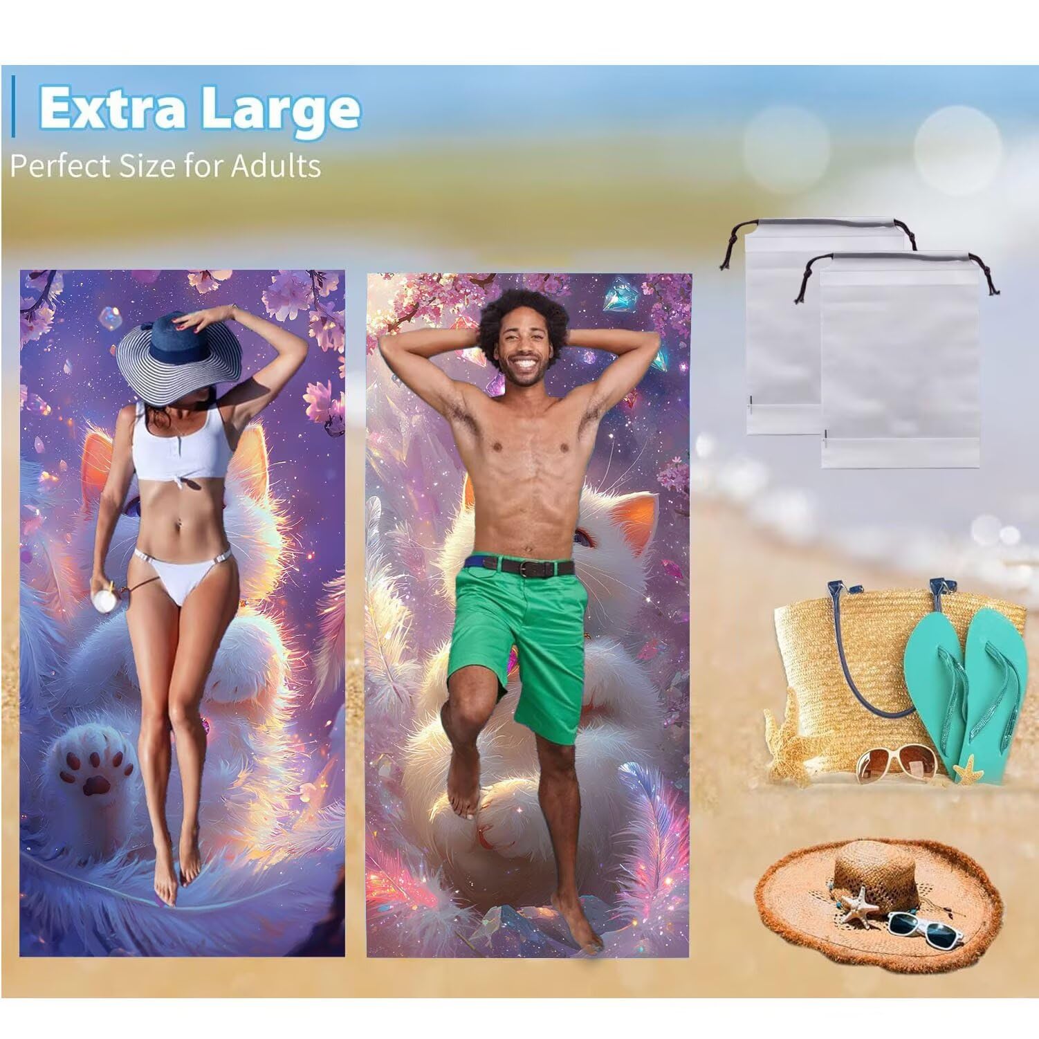 Toalla Playa Grande, 90 x 200 cm Toalla Microfibra Prevención de Arena, Toallas de Playa Ligera y de Secado Rápido, para a Viajes, Sauna, Gimnasio 2PCS Esterilla Playas Regalos Mujer (Lindo gato) k622