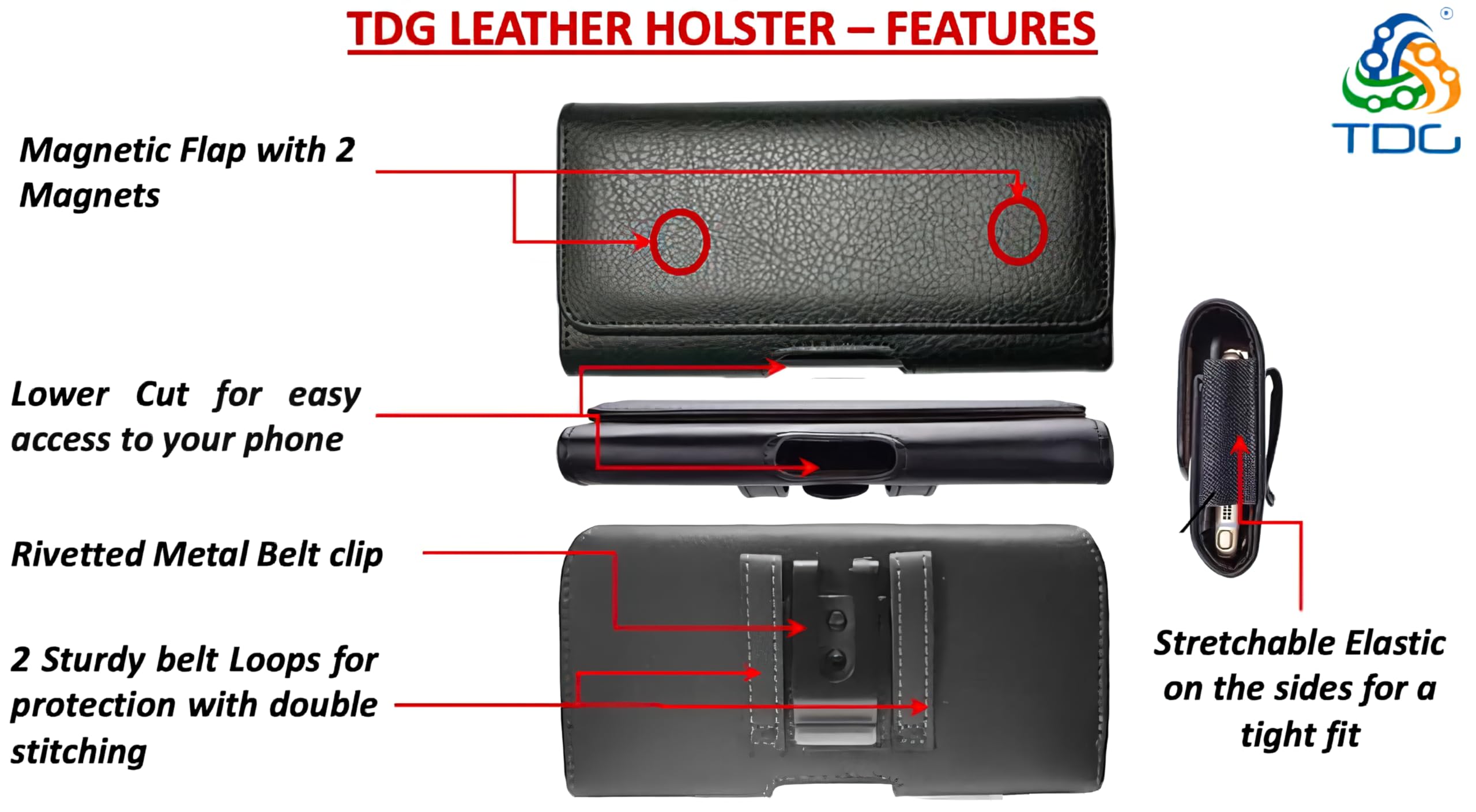 TDG Pu Leather Belt Pouch Holster for Apple iPhone Smartphones & Mobiles (Display 5.5 to 6.7 inches) (Black, 6.3)