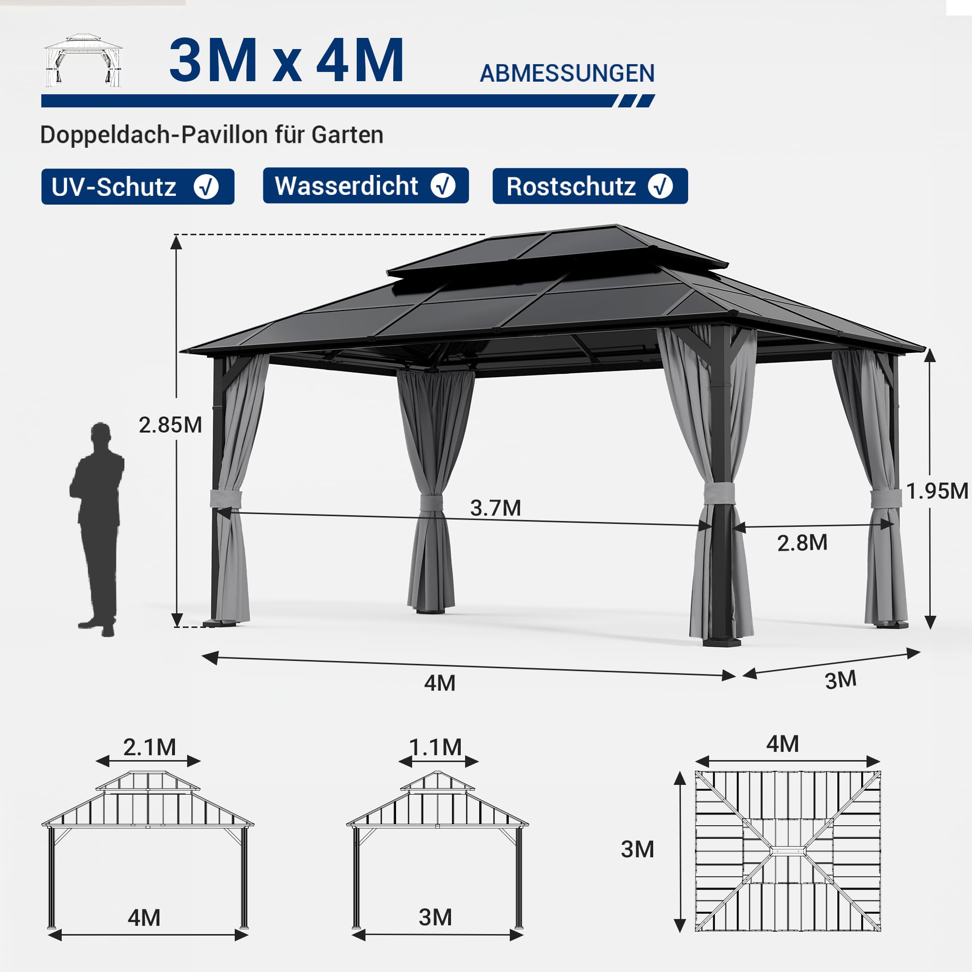 Amopatio Tonnelle de Jardin, 3 x 4 m, étanche, Stable, résistante à l'hiver, avec Polycarbonate – Double Toit, Toit Rigide, avec parois latérales pour Jardin, terrasses, Gris foncé