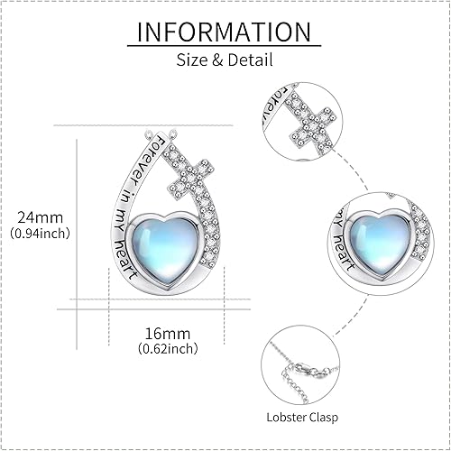 Miniatura 5 de HUKKUN Collar de urna de piedra lunar de corazón, cruzinfinito para cenizas para mujer, plata de ley, delicada, joyería de cremación, regalo