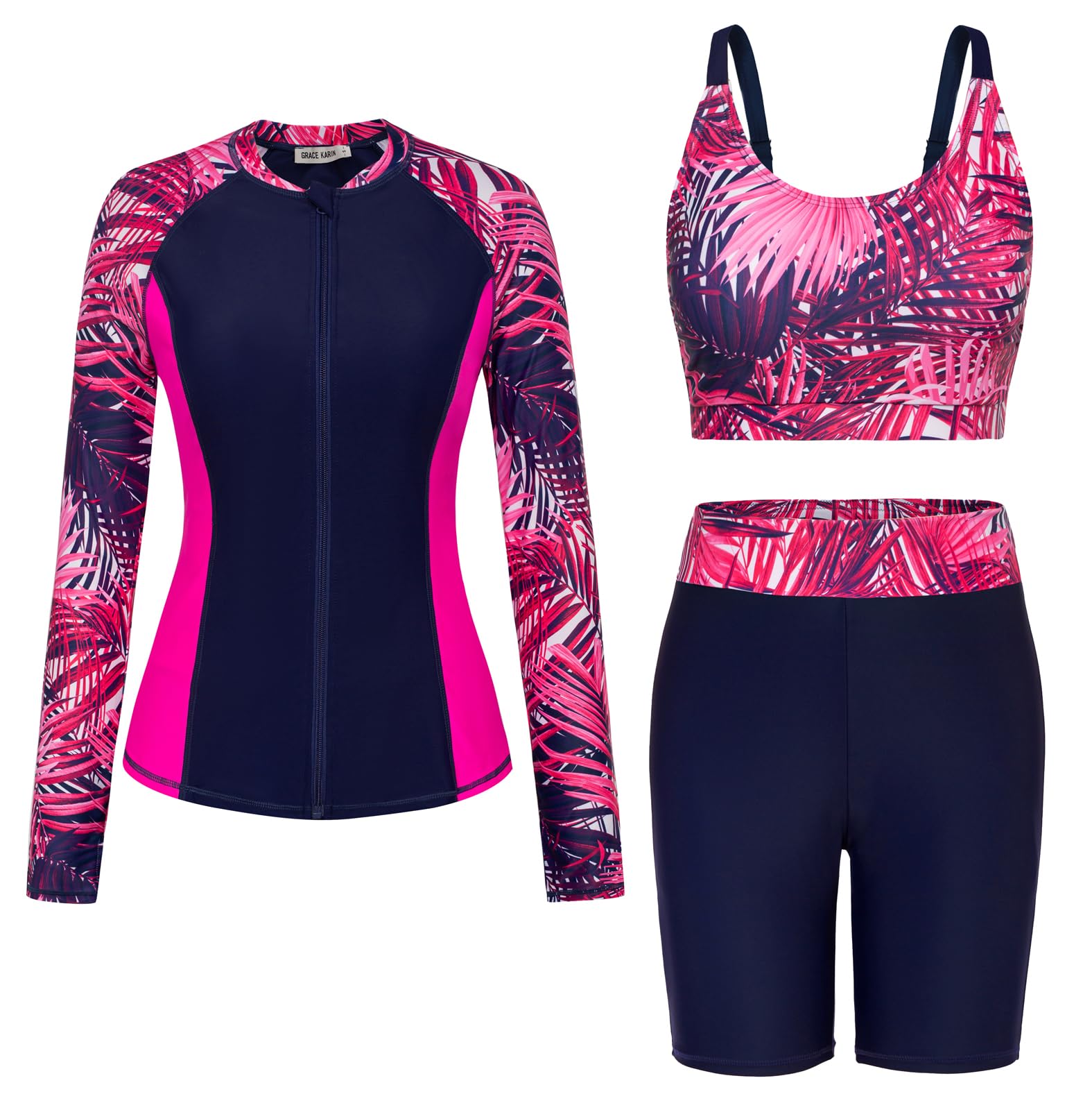 GRACE KARIN Damen 3 Piece Badeanzug Langarm Badeanzug mit Reißverschluss Elegant Tankini Set mit Jacke Surfkleidung