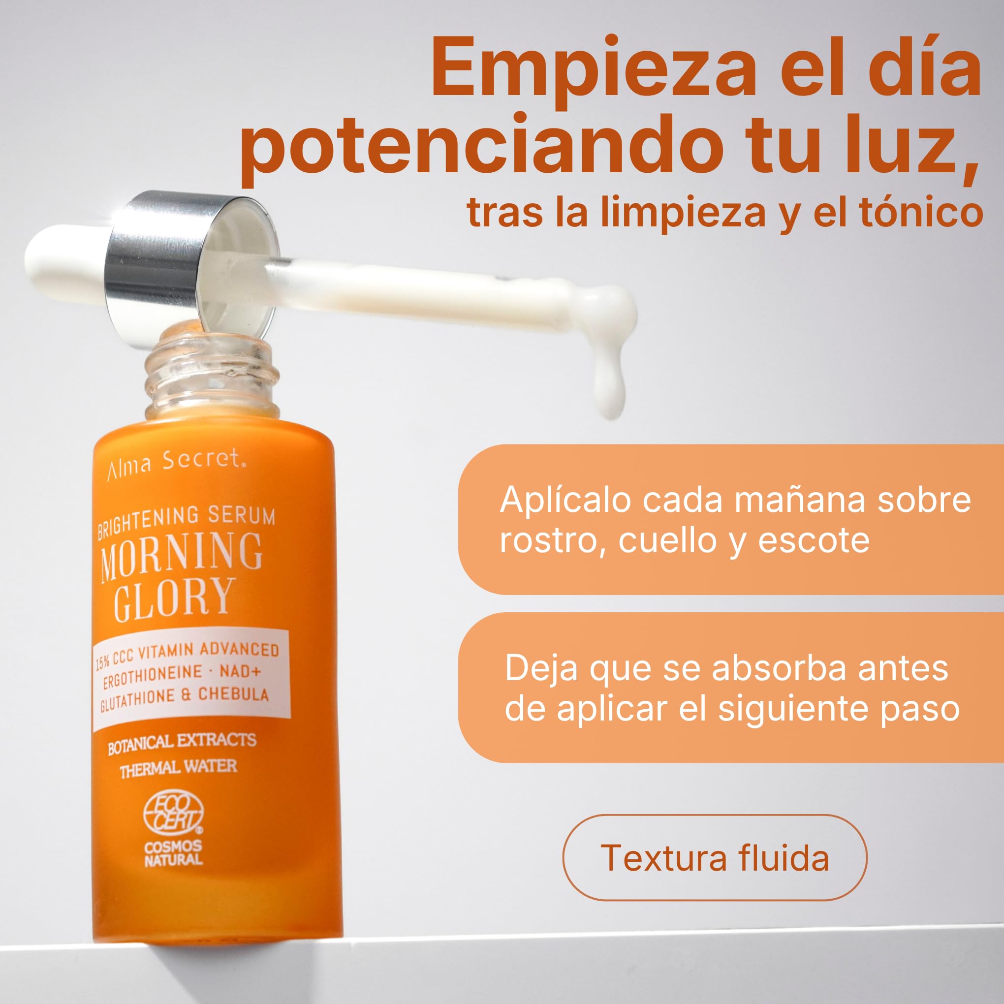 Alma Secret Morning Glory Brightening Serum | Gesichtsserum mit 15 % fortschrittlichem Dreifach-Vitamin C und NAD+ | Hochleistungsbehandlung, die die Ausstrahlung verbessert und Flecken behandelt