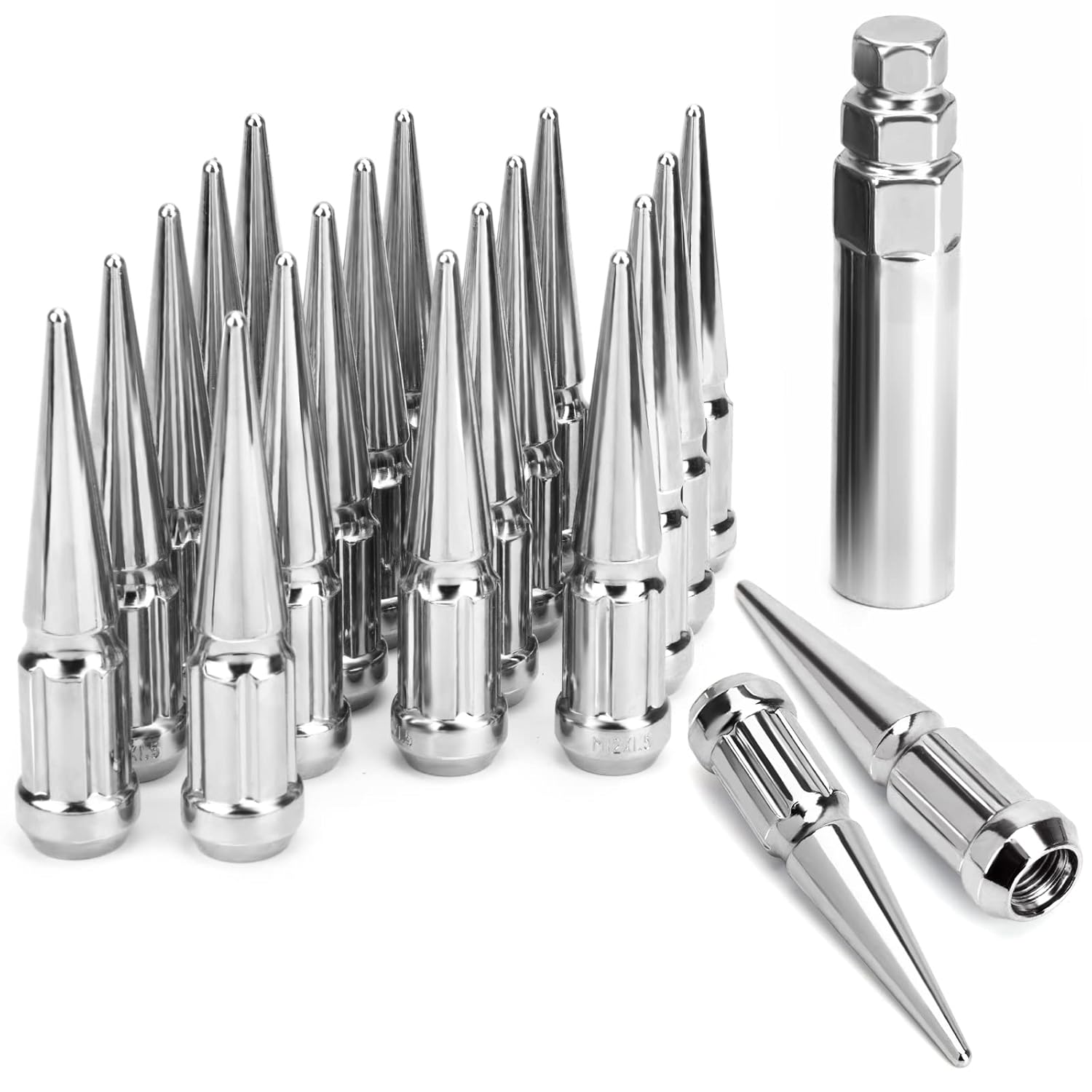 DYNOFIT 12mmx1.5 Wheel Spike Lug Nuts, 20 x M12x1.5 Lug Nut, 3.35 inch Tall Closed End Nuts with 1 Socket Key Compatible with Acura Honda Chevy Hyundai Toyota Lexus Mitsubishi(Chrome)