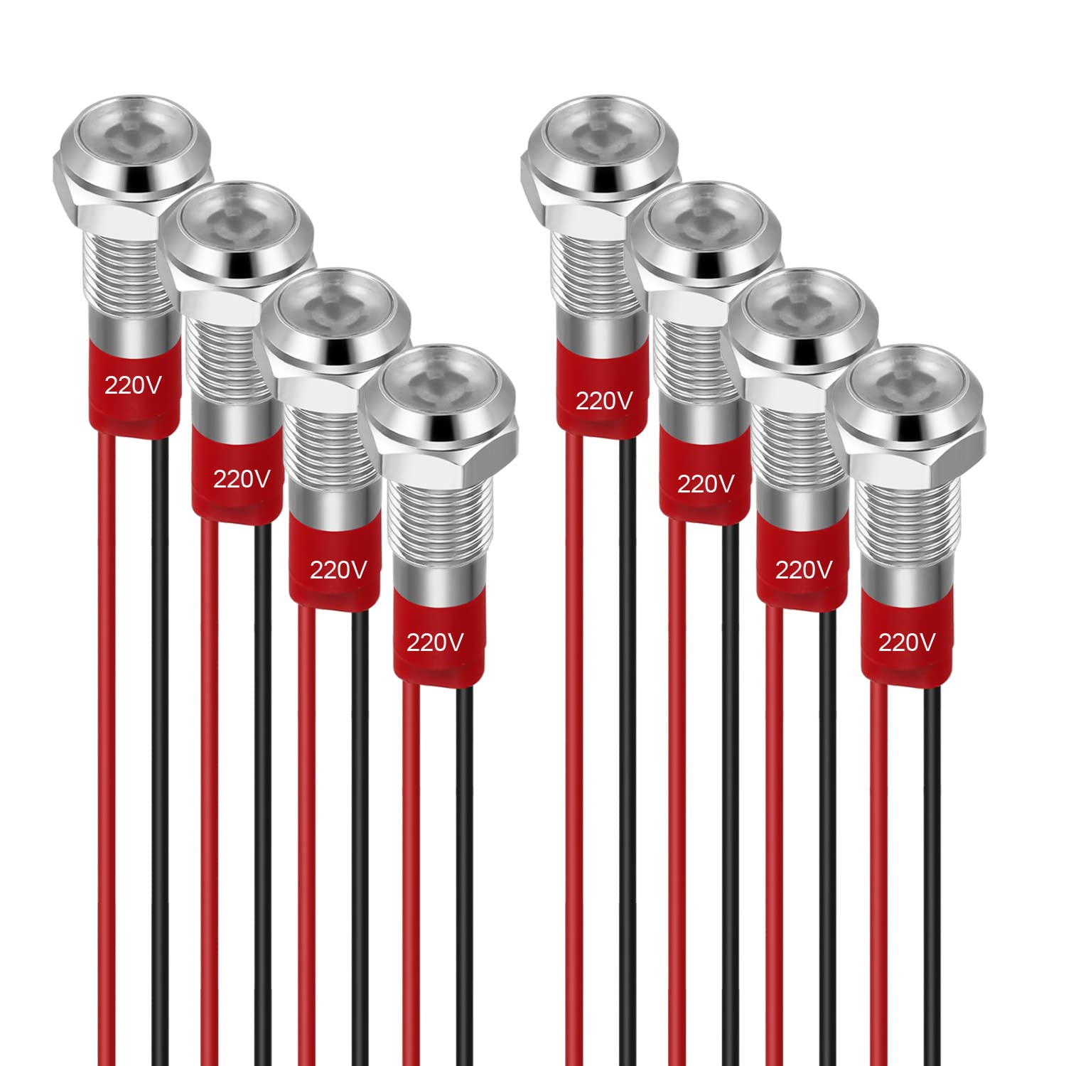 GUUZI 8 spie Luminose a LED da 6mm, 220V-230V Impermeabili con Piastra Metallica, Montaggio a Pannello, Testa Piatta con Cavi Guscio Argentato (Bianco)