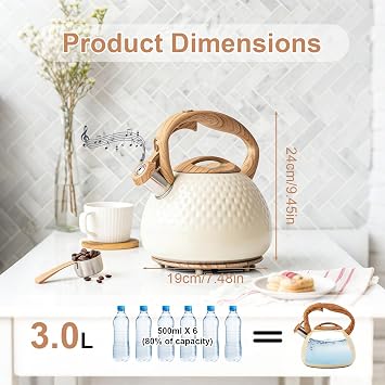 3L Flötenkessel Edelstahl Wasserkessel Induktion und Gasherd mit Pfeife Retro Teekessel mit Hitzebeständigem Griff Spülmaschinenfest Geeignet für Küche Camping