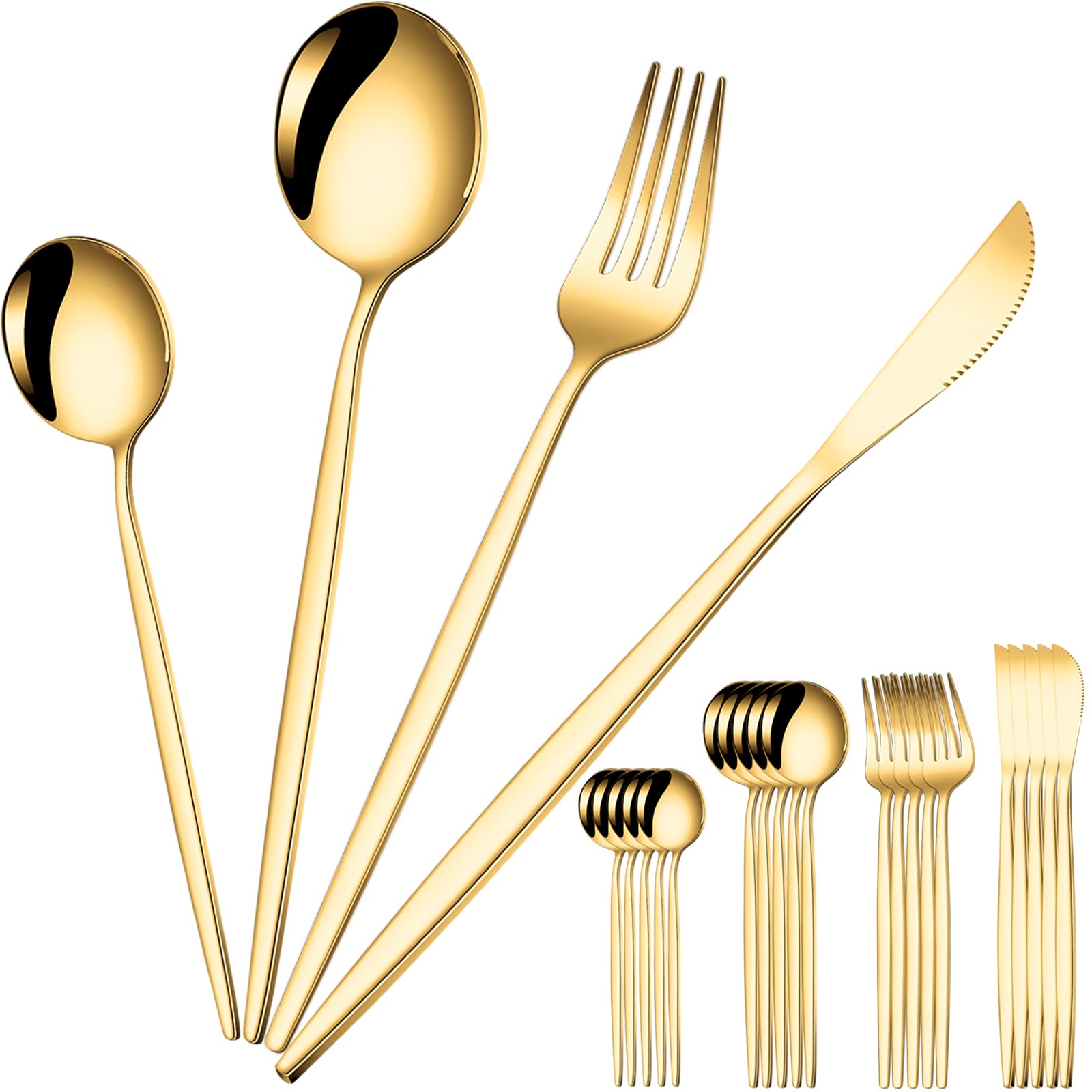 PEIRONG 24-Piece Gold Silverware Set for 6, Stainless Steel Flatware Cutlery Set, Eating Utensils Set Tableware Included Steak Knives Spoons and Forks Set For Home,Restaurant,Party