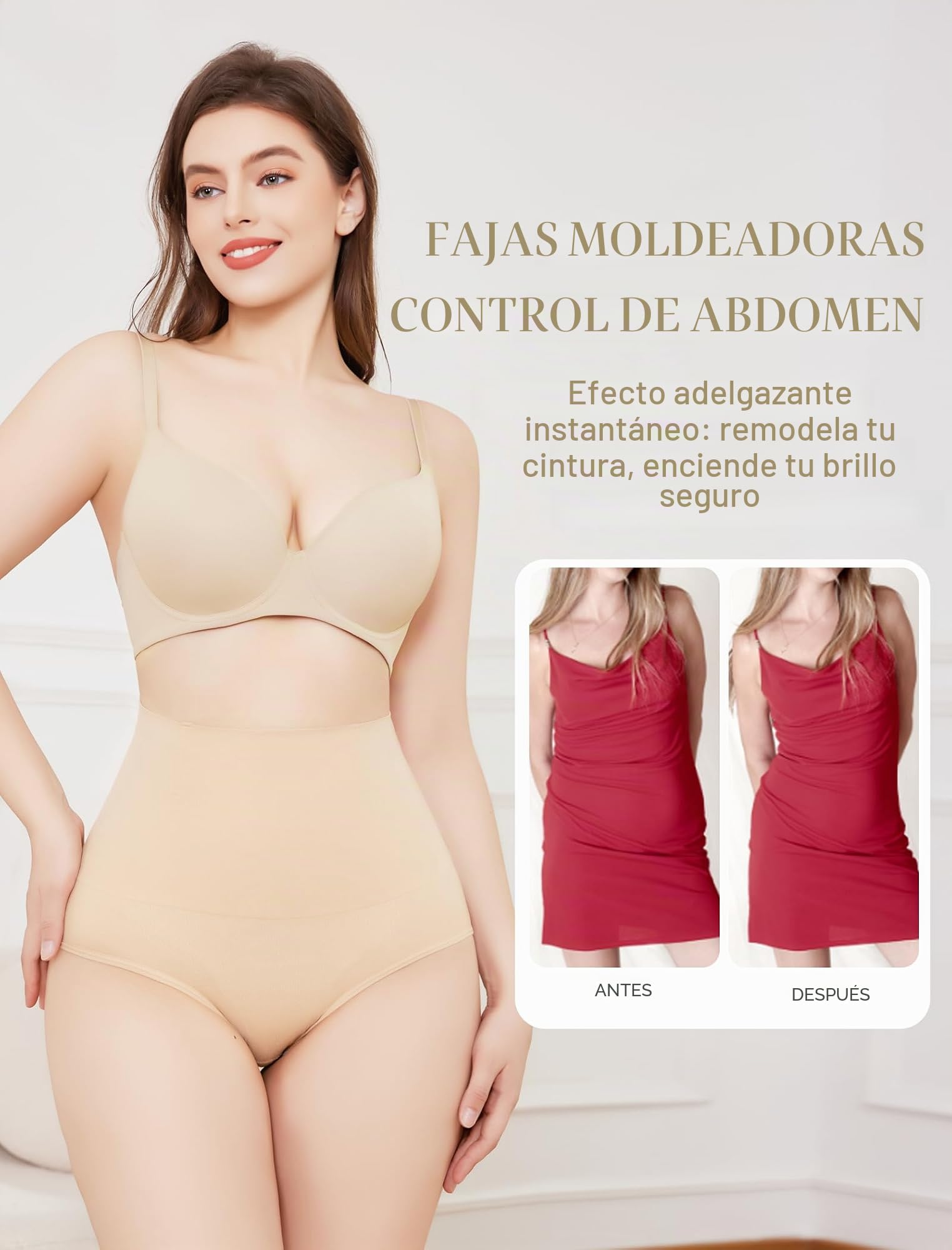 Fajas Reductoras Mujer Bragas Postparto, Faja Moldeadora y Reductora Cintura Alta Invisible Sin Costuras, Control Abdomen y Levantamiento de Glúteos Recuperación Postparto Beige L