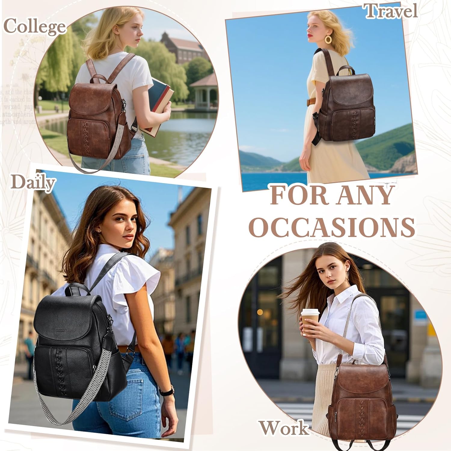VASCHY Backpack Purse for Women, Fashion Cute Vegan Leather Flap Backpack Convertible Handbag for Ladies with Guitar Strap Brown - Image 7