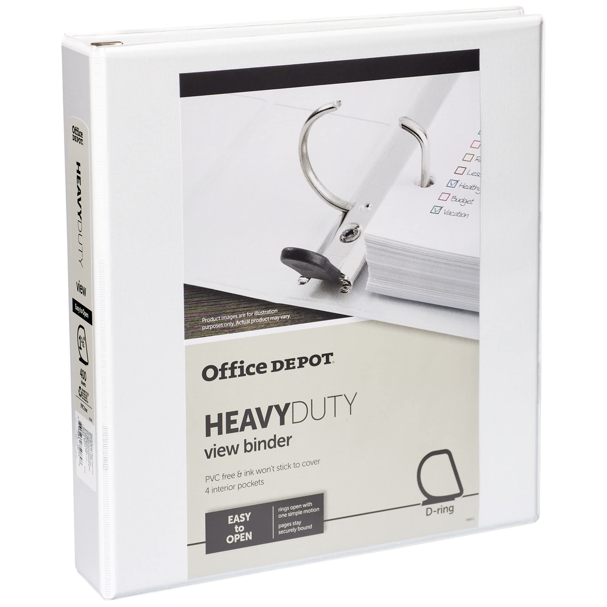 Office Depot® Brand Heavy-Duty View 3-Ring Binder, Pack Of 4 1 1/2\" D-Rings, 49% Recycled, White