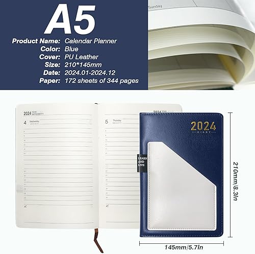 Miniatura 2 de Agenda semanal y mensual 2024 (enero de 2024 a diciembre de 2024), agenda diaria de cuero, libro de citas, organizador de objetivos, calendario,