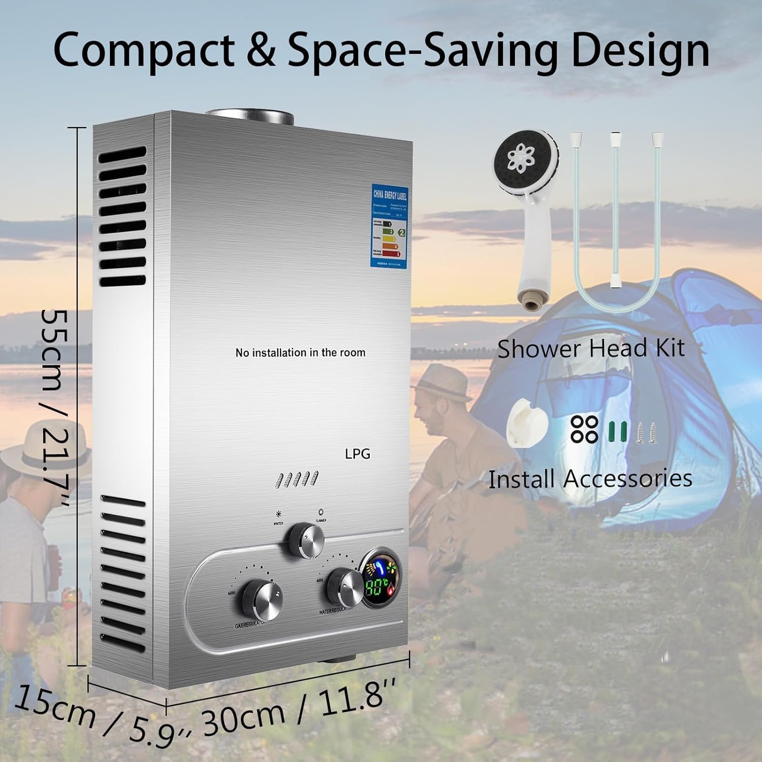 12 l LPG-Gas-Durchlauferhitzer mit Winter- und Sommermodus, 24 kW, an der Wand montiert, ohne Tank, automatischer Durchlauferhitzer mit Kupferkern und LED-Display