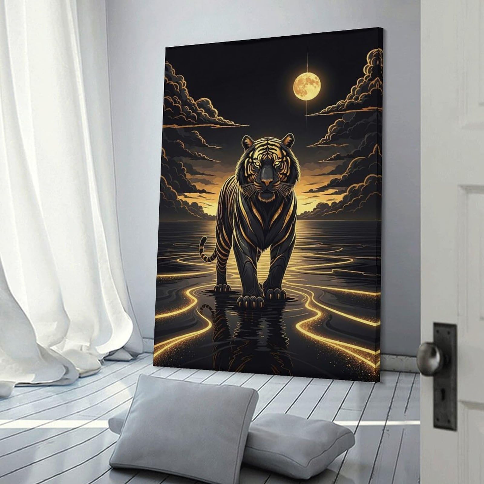 Junmoney Golden Tiger in Moonlit Water Canvas Wall Decor, 16x24inch(40x60cm), for Gallery Wall Decor And Room Displays, Wall Decor Suited to Curated Displays