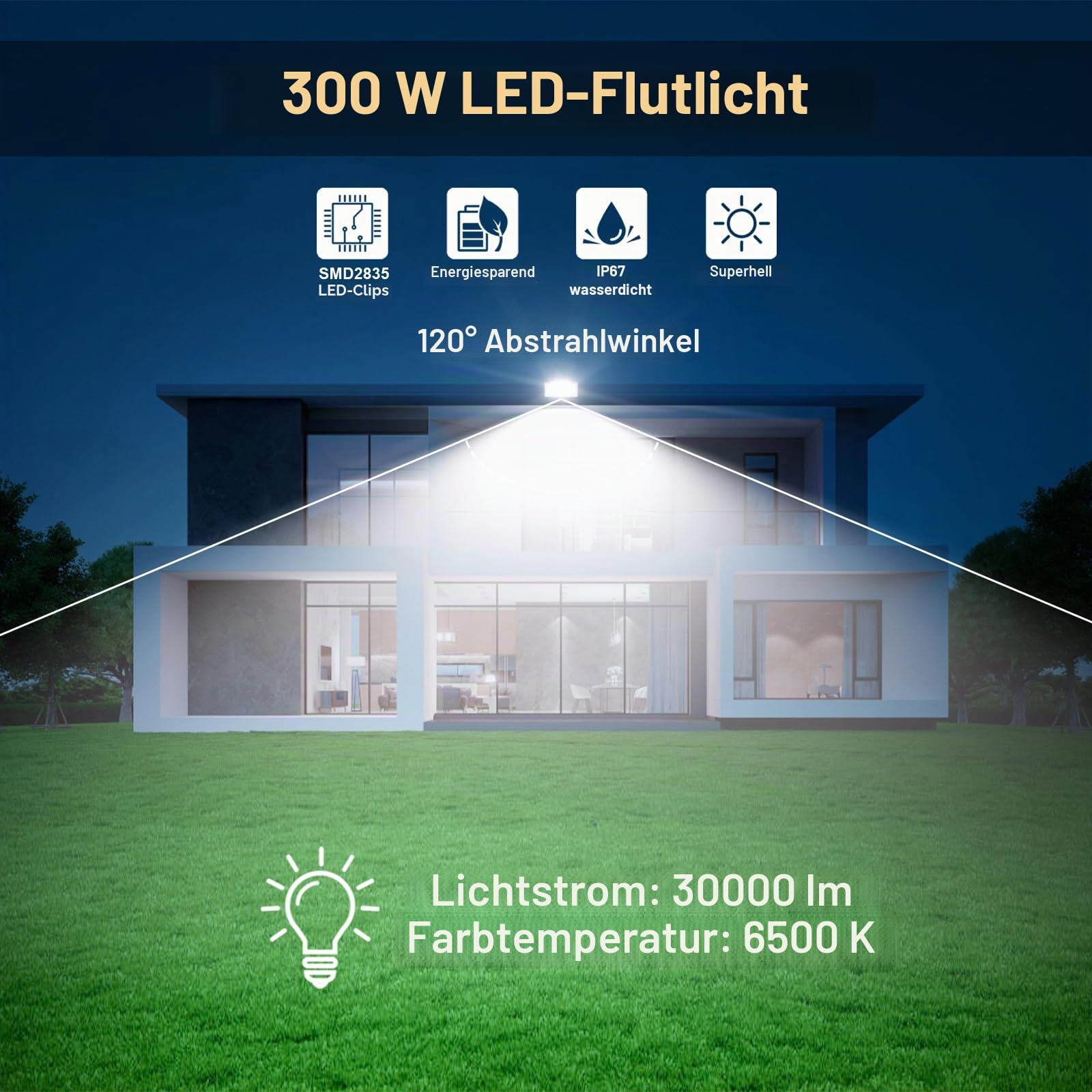 LED Strahler Außen 300W - 30000LM 6500K LED Fluter Außen Scheinwerfer Kaltweiß 2 Stücke IP67 Aussenstrahler Wasserdicht für Garten/Hof/Außenbereich