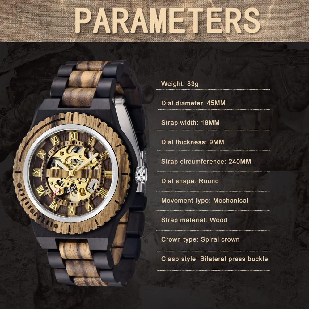 Tiong Herren Holz Mechanische Uhren Skelett Römische Ziffern Automatikaufzug Holzuhr Leichtgewicht für Männer Armbanduhr