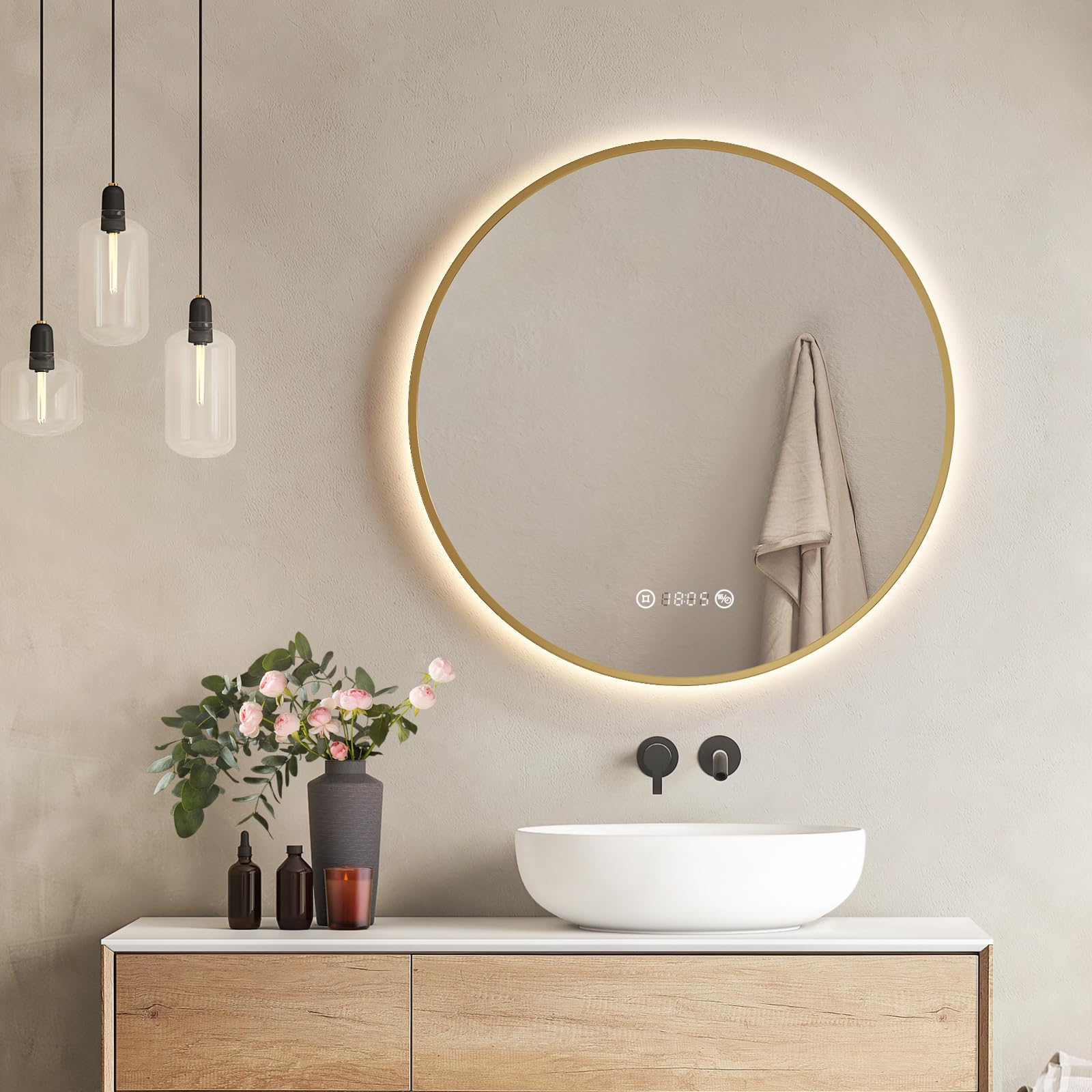 EMKE Espejo LED Redondo de Baño, ø70cm, Marco Dorado Cepillado, antiempañante, con visualización de Hora y Temperatura, luz Neutra, Intensidad Ajustable, Espejo de baño con iluminación, IP44