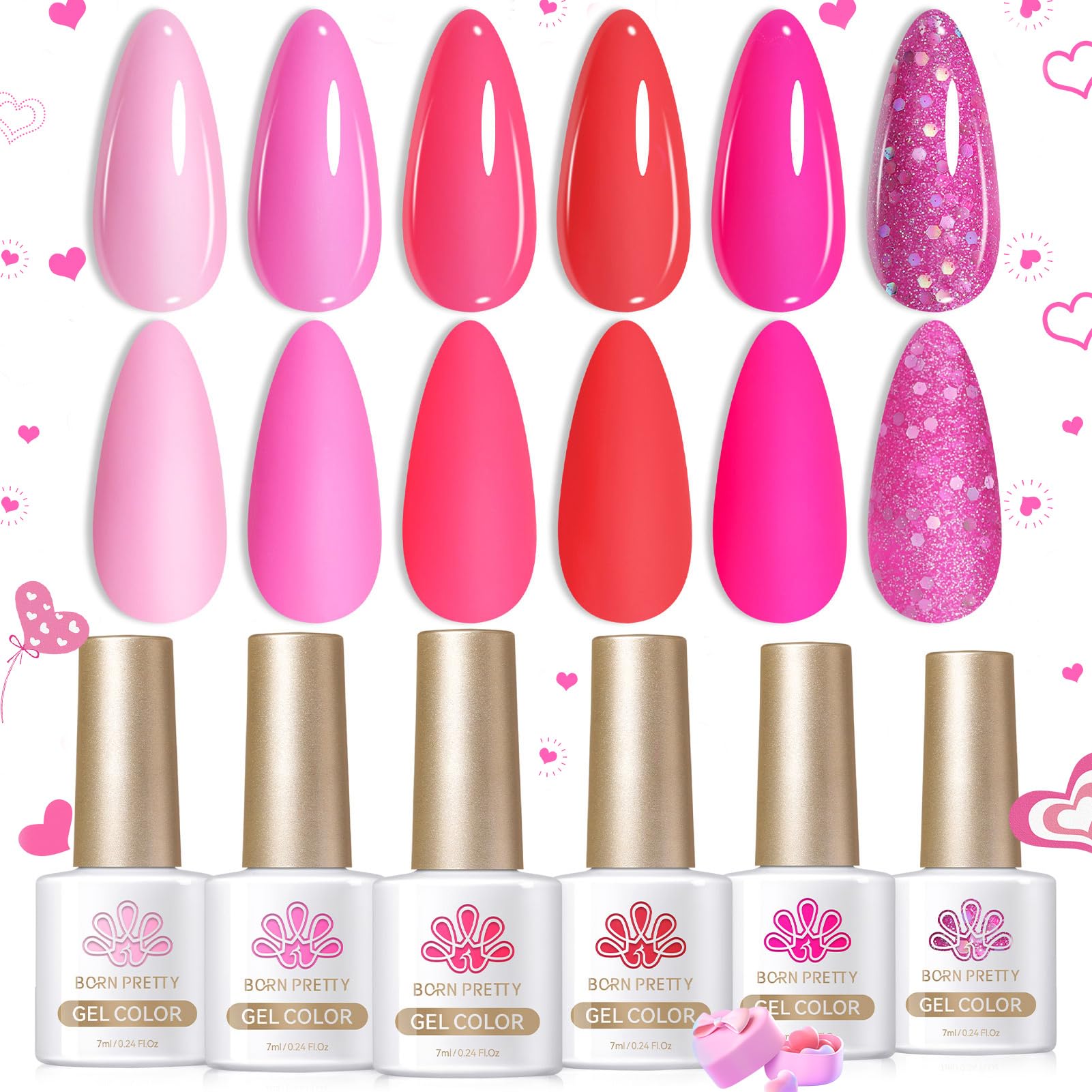 Born Pretty Neon Pink Gel Nail Polish Set Hot Pink Cherry Blossom Strawberry Soft Dark Tones All Seasons Natural Lovely Pink Color Gel Polish Nail Gel Kit 6 Colors 7ML