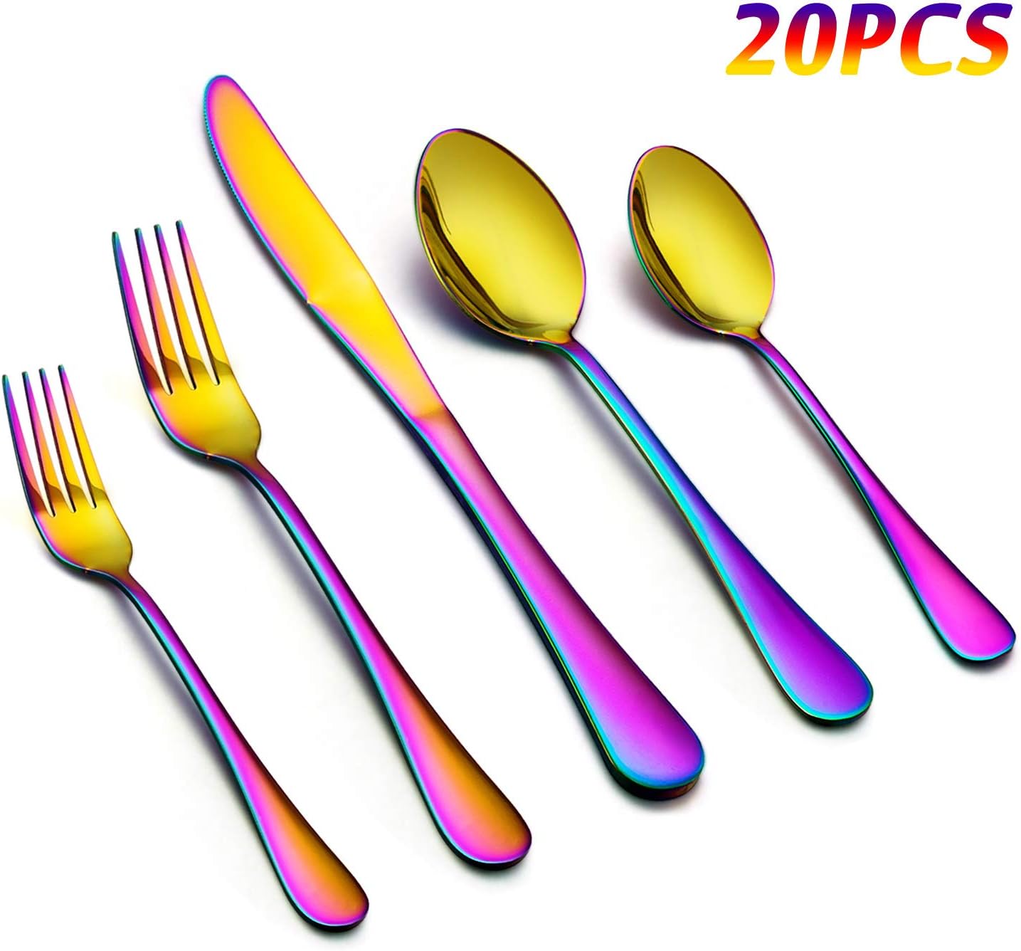 Golden Rainbow Silverware Set, HaWare 20-Piece 100% Quality Stainless Steel Flatware Cutlery Set, Colorful Knives/Spoons/Forks, Service for 4, Modern Design, Dishwasher Safe (Color titanium plating)