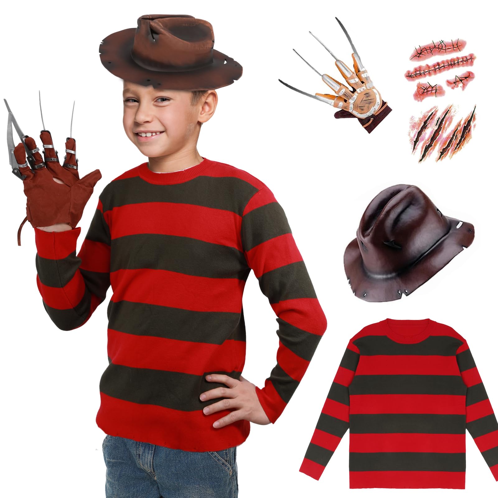 Makoike 4Pcs Freddy Krueger Costume Kids Striped Sweater Zombie Scar Sticker Freddy Glove Cowboy Hat Halloween Costume Props