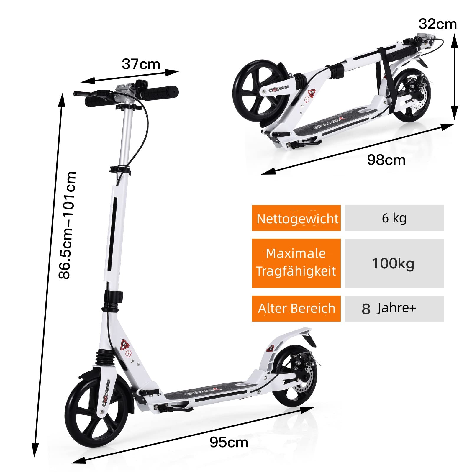 GYMAX Stunt Scooter höhenverstellbar, Faltbarer Kickscooter mit 200 mm Rädern, Sports Tretroller mit Doppel Federung, inkl. Klingel & Tragegurt, bis 100 kg belastbar, für Kinder & Erwachsene