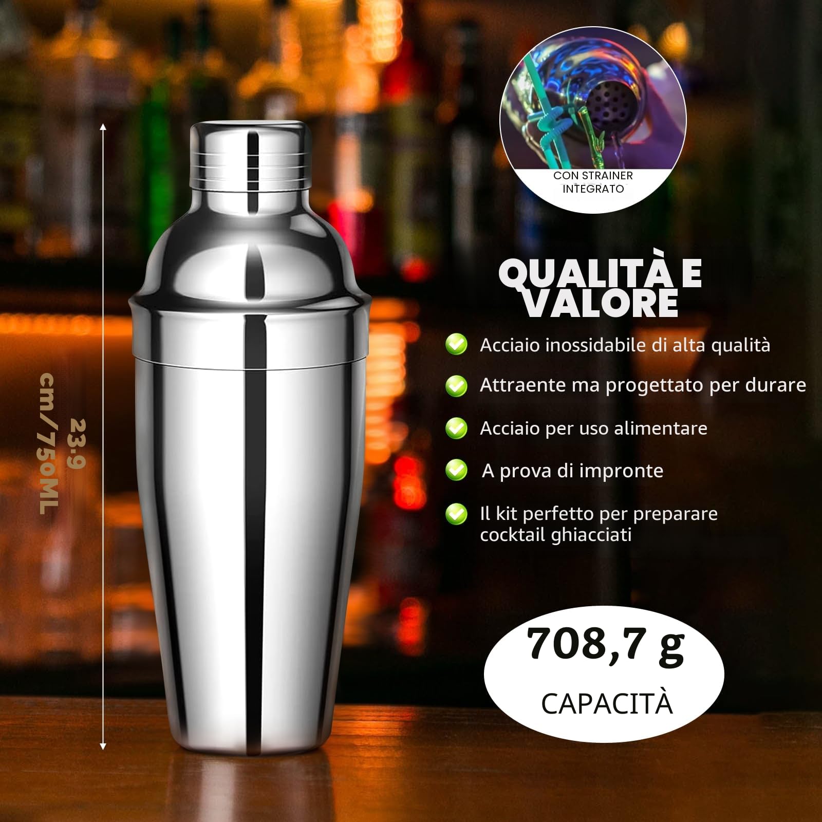 AOKITO Set Cocktail, Kit Cocktail Professionale in Acciaio Inossidabile da 12 Pezzi, Shaker da 750 ml, Kit Barman con Supporto in Legno per La Casa o il Bar