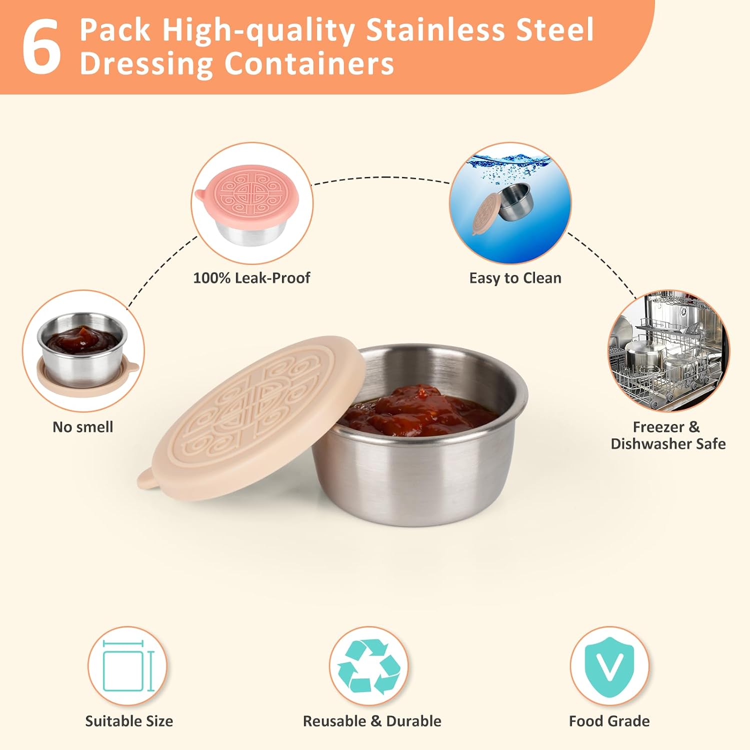 6x1.6 Oz Salad Dressing Containers With Lids, Stainless Steel Small Condiment Containers with Leakproof Silicone Lids, Reusable Sauce Containers for Lunch Boxes image 3