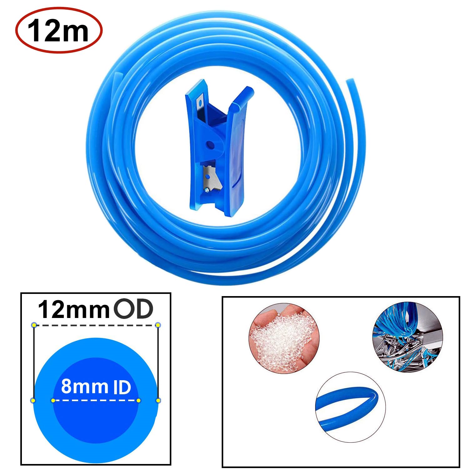HUAZIZ 12m Bleu PU Pneumatique Tuyau Air, 12mm OD x 8mm ID, 1 Pcs Coupe-Tuyau