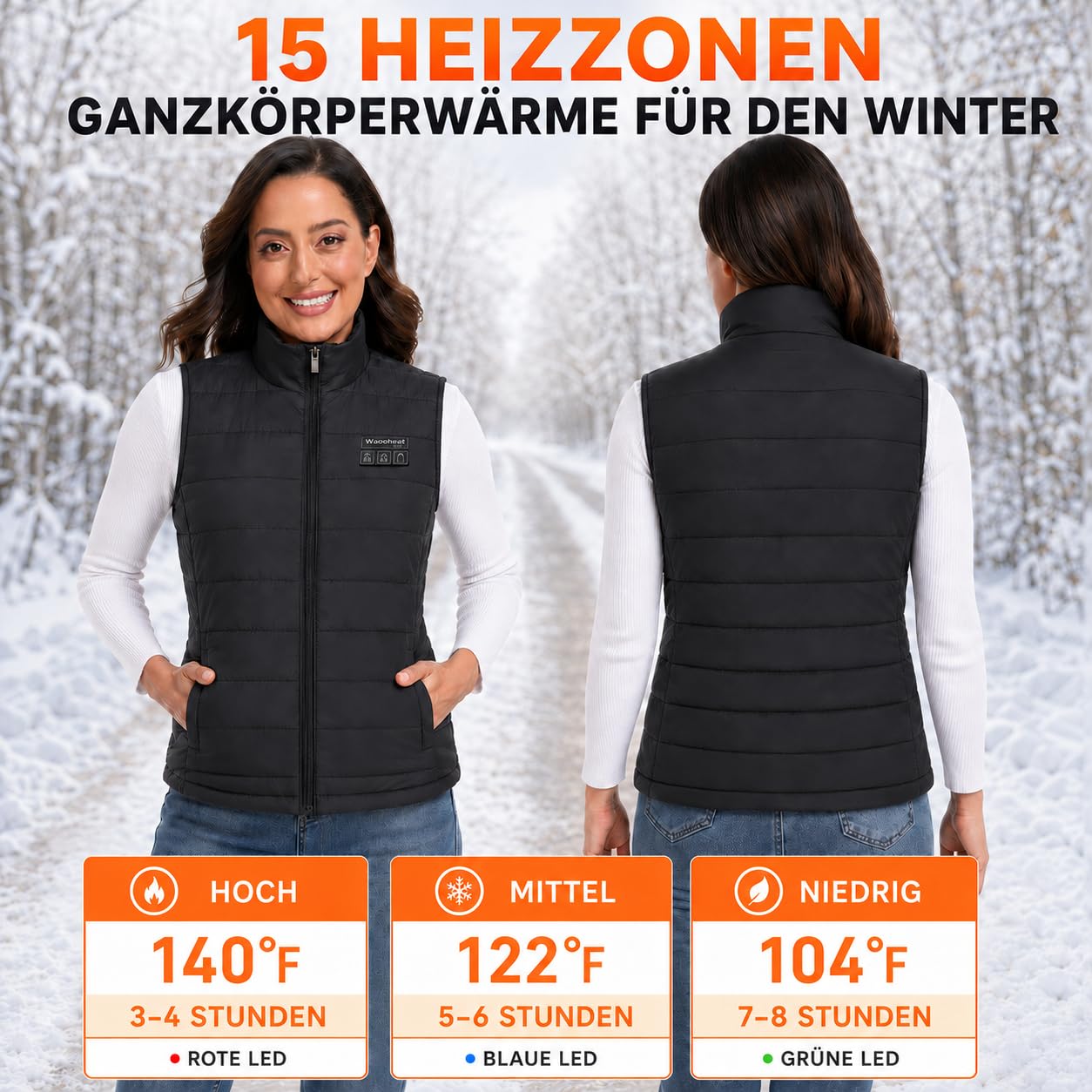 Beheizbare Weste für Damen mit 15 Heizzonen Heizweste für Wandern, Skifahren, Radfahren und Outdoor-Arbeit (Powerbank nicht enthalten)