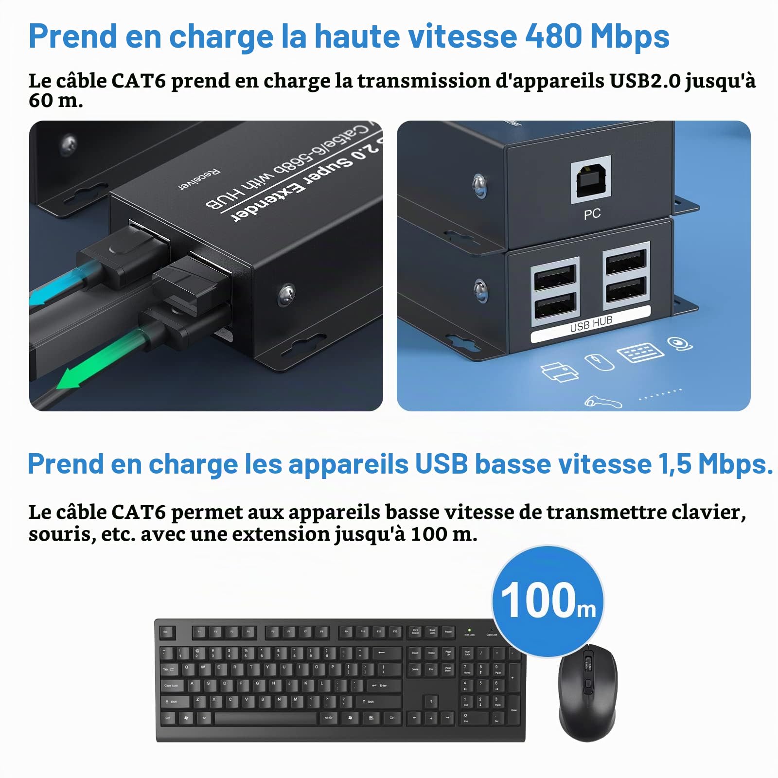 VEDINDUST USB 2.0 Extender Ethernet 4 Ports 196ft 60m Extension sur RJ45 Cat5e 6 Jusqu'à 480Mbps Deux Webcam Work Sync Support Windows MacOS Android Linux Pas de Pilote EX50USB etc