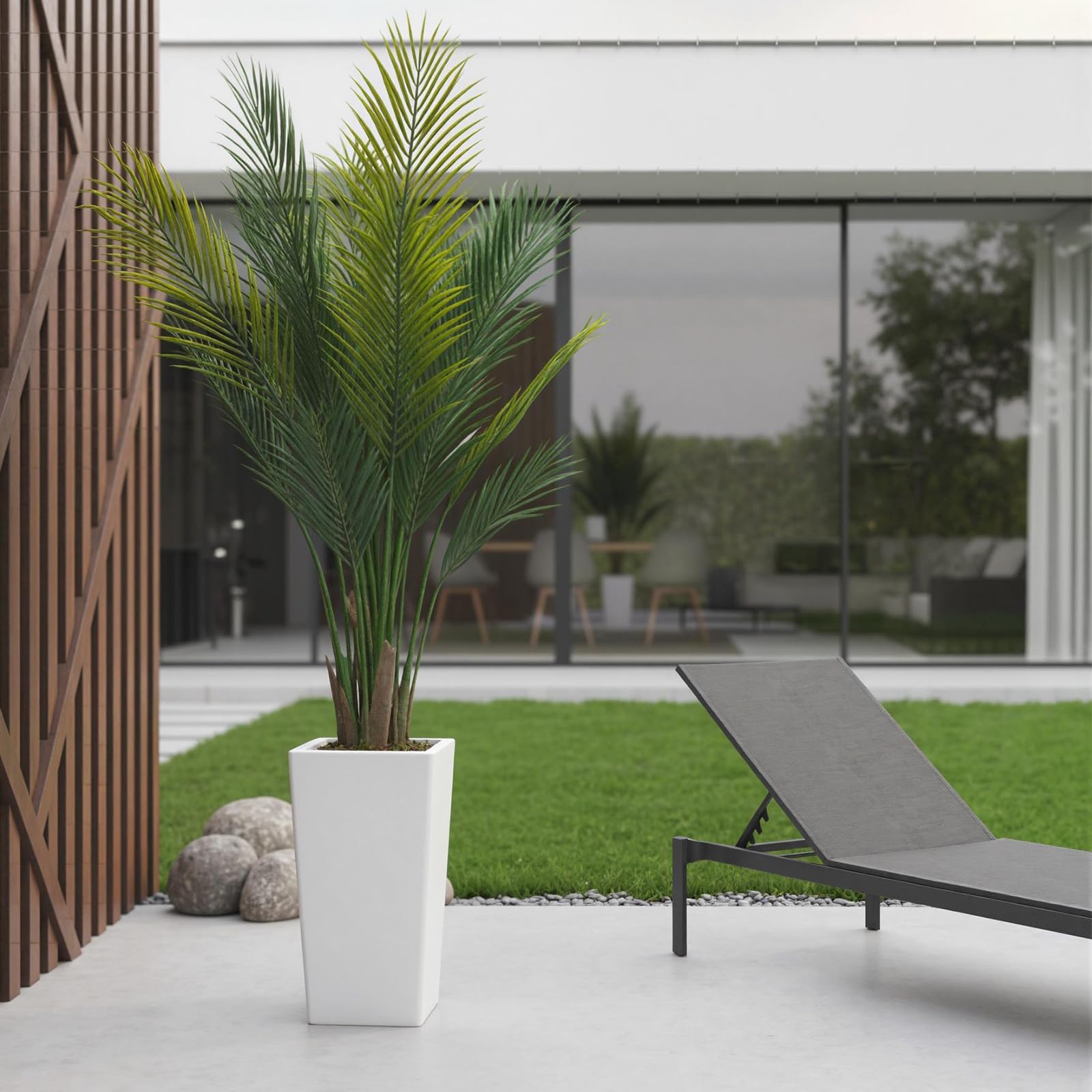 Plante Artificielle Feuillage Vert, Palmier Tropical 152cm, Pot Blanc Haut, Décoration Intérieur Extérieur