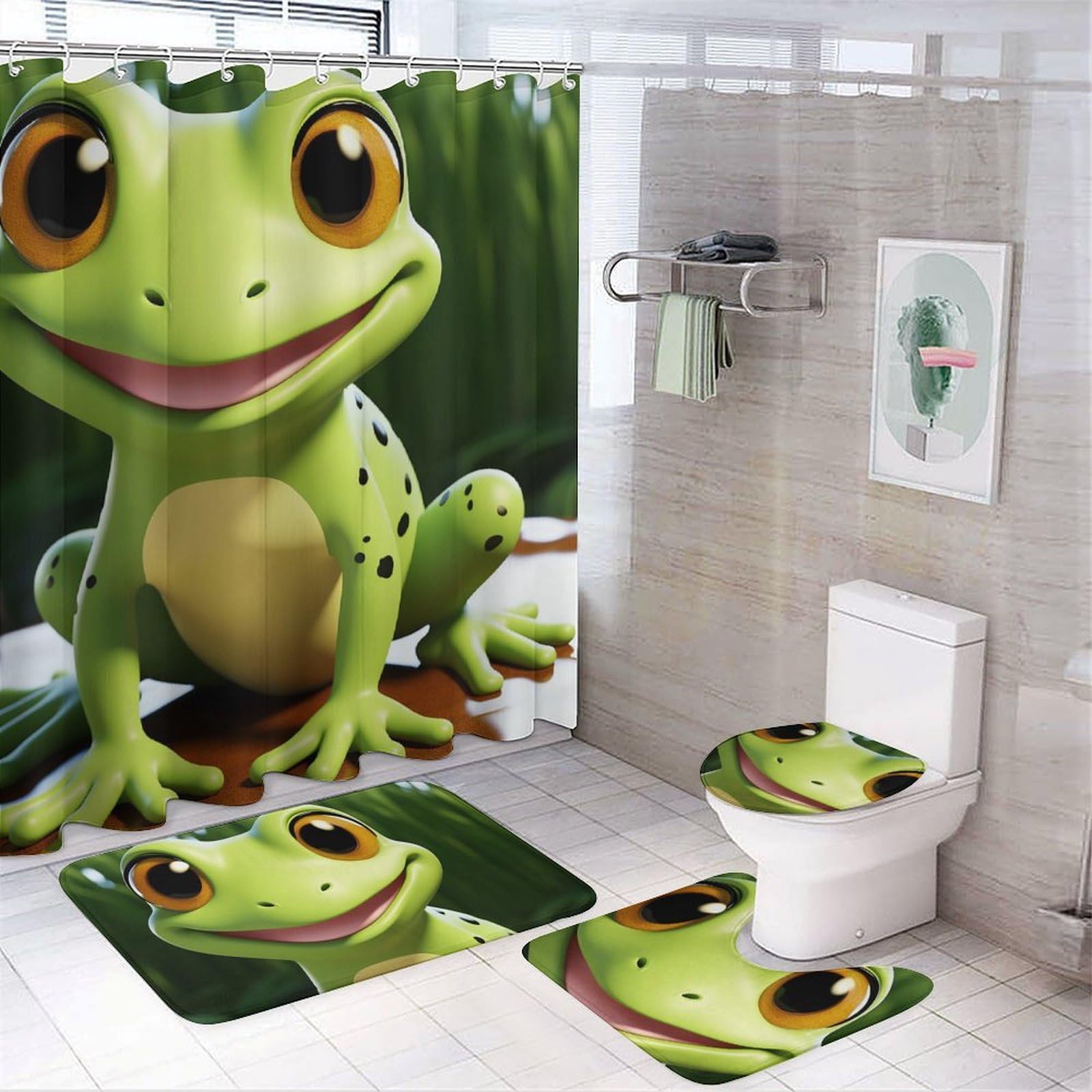 Rideaux de douche grenouille avec tapis de bain et accessoires