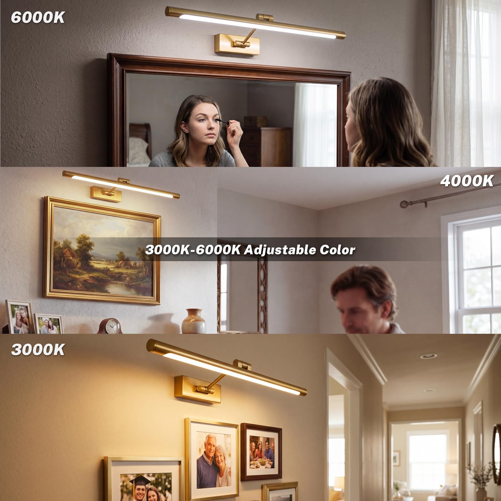 Lampada a LED per specchio da bagno, 3 temperature di colore, applique da parete sopra lo specchio, 60cm, 12 W, IP44, 650 lumen, oro, illuminazione moderna per specchio, lampada da parete per specchio