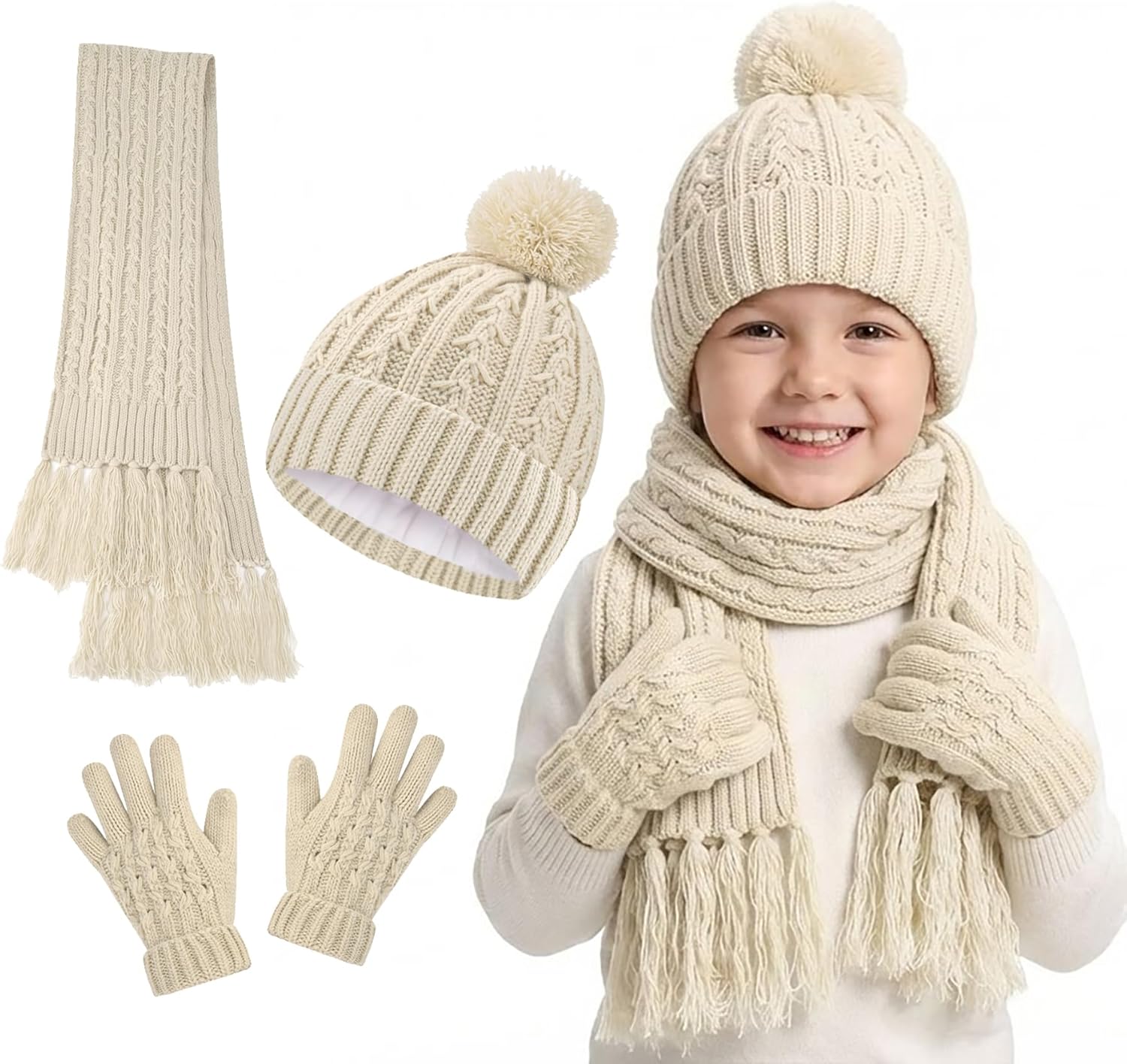 W&LESVAGO Kids Winter Hat Scarf & Gloves Set, Knitted Pom Pom Beanie, Warm 3-Piece Cold Weather Set for Boys Girls 2-14