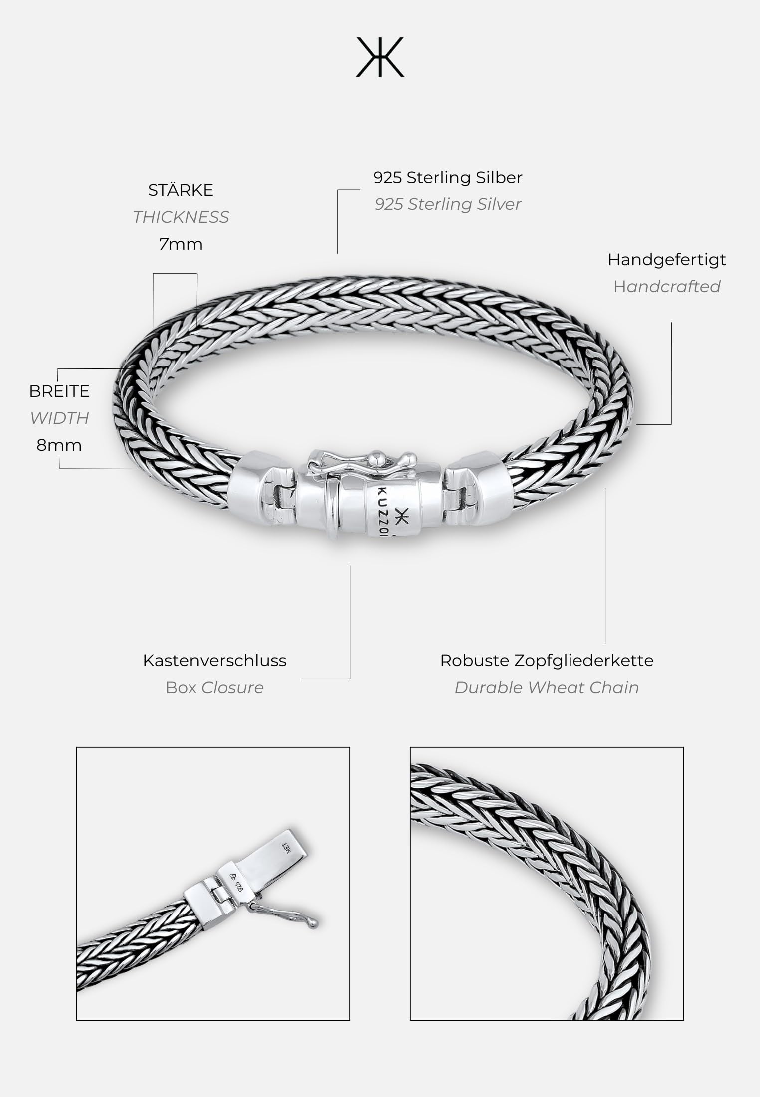 Kuzzoi Pulsera de plata de ley 925 maciza para hombre, ancho de 7 mm, 335102
