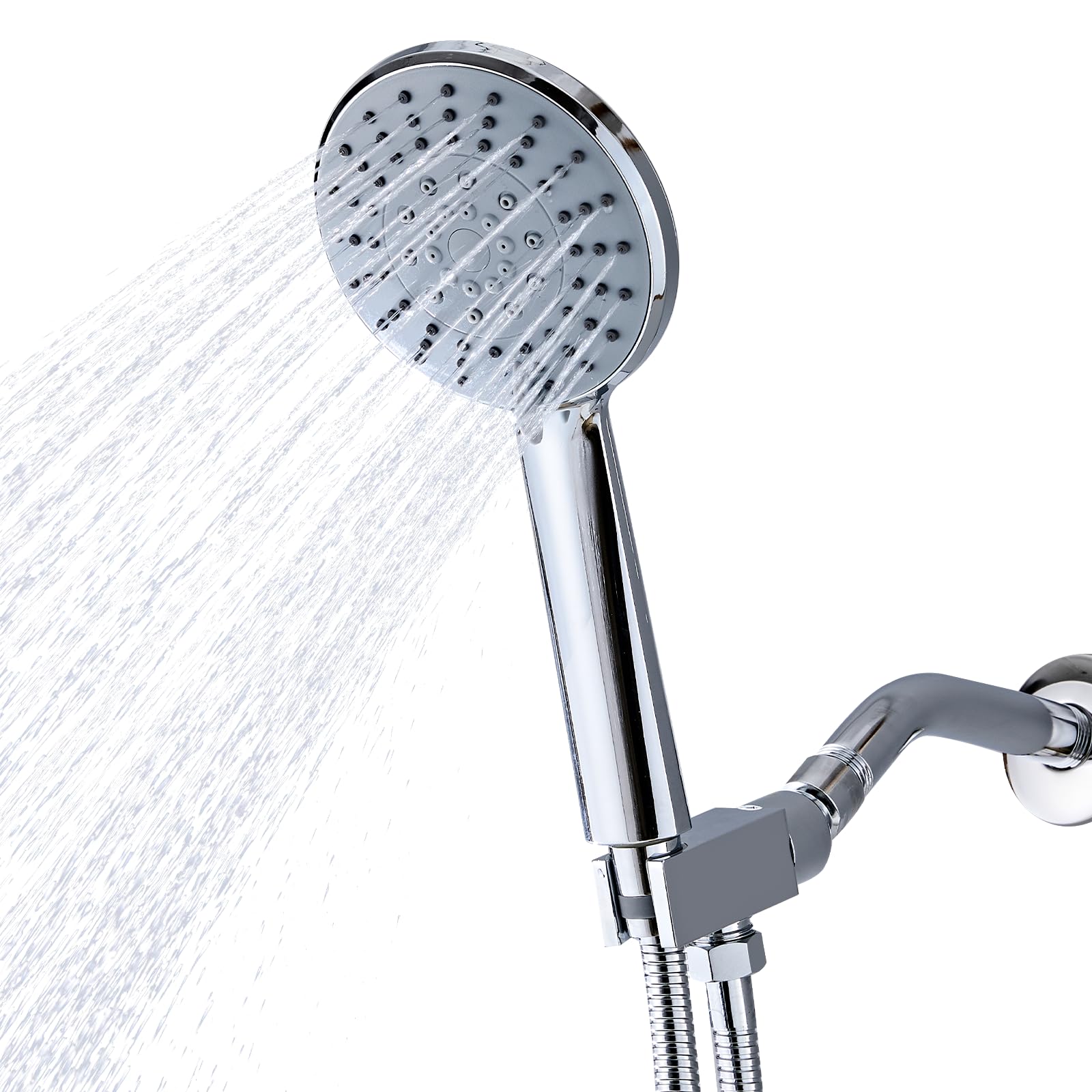 Cabezal de ducha de mano de alta presión de 5 ajustes con boquillas antiobstrucciones, juego de cabezal de ducha desmontable cromado de 5.1 pulgadas, manguera de acero inoxidable de 59 pulgadas y